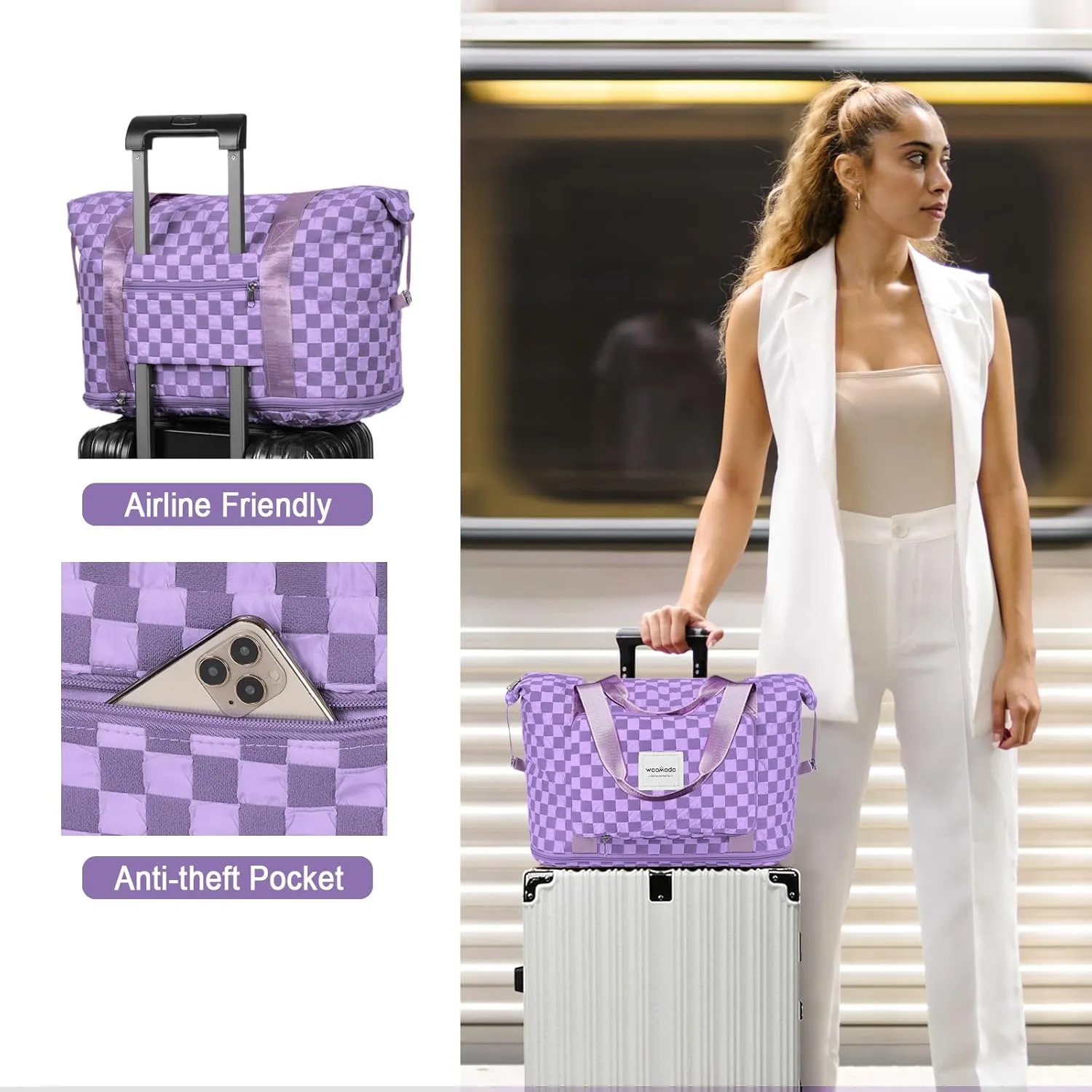 WOOMADA Foldable Travel Duffel, Weekender & Carry-On Bag with Expandable Space