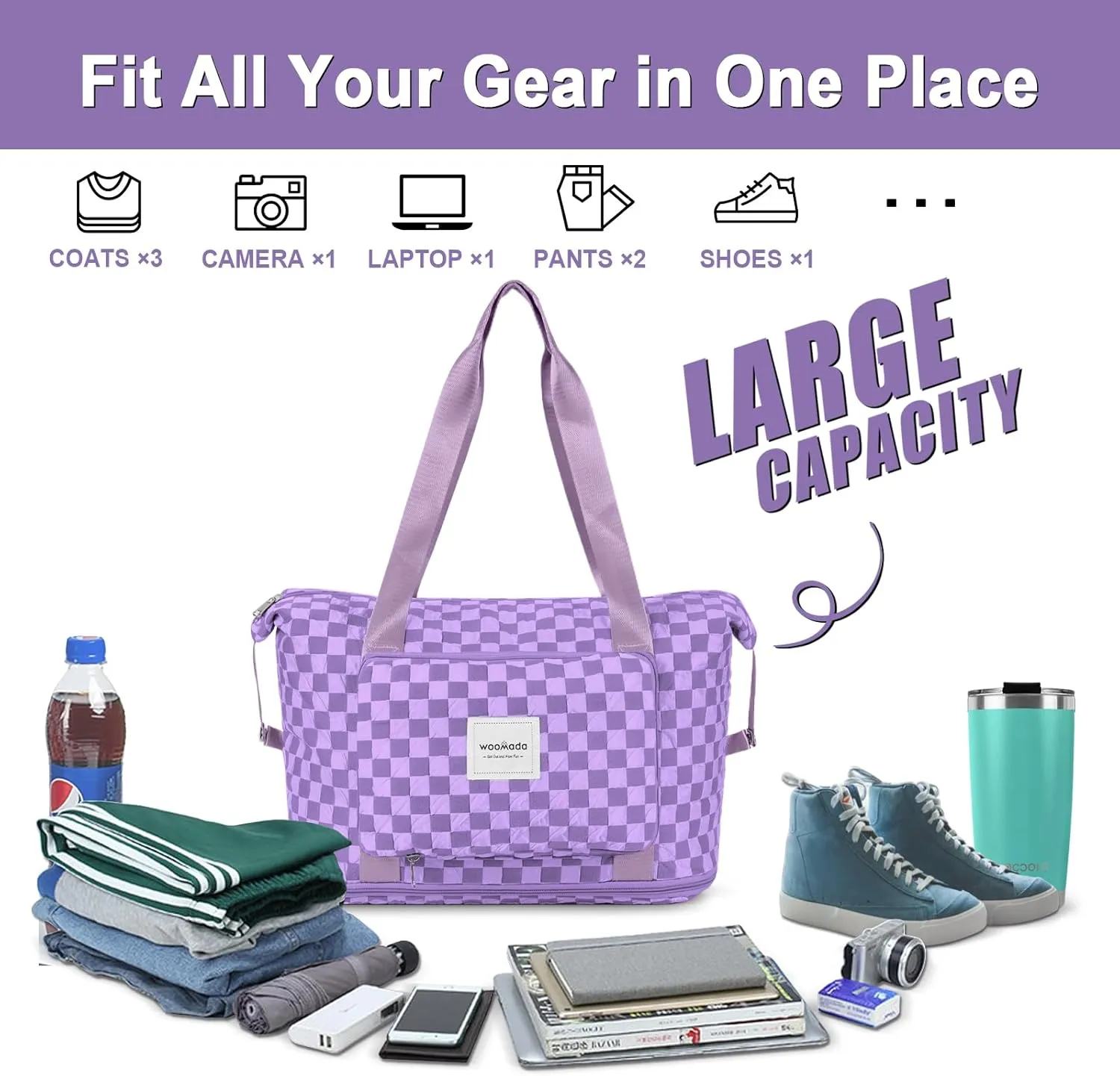 WOOMADA Foldable Travel Duffel, Weekender & Carry-On Bag with Expandable Space