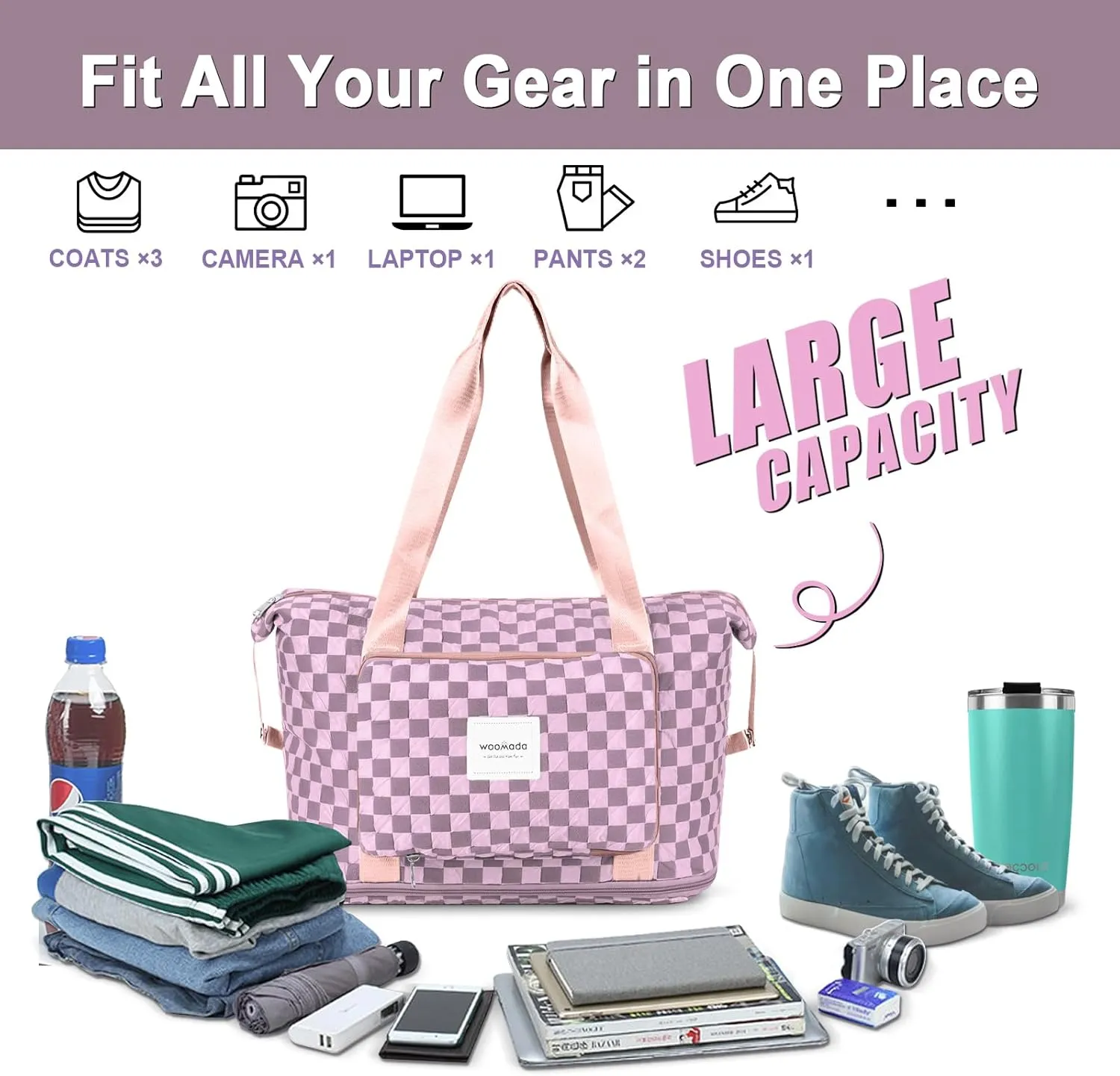 WOOMADA Foldable Travel Duffel, Weekender & Carry-On Bag with Expandable Space