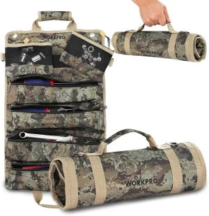 WORKPRO Roll Tool Bag with Detachable Pouches, Heavy Duty Organizer - 6 Pockets, for Mechanics, Electricians, Plumbers & Carpenters - Camo