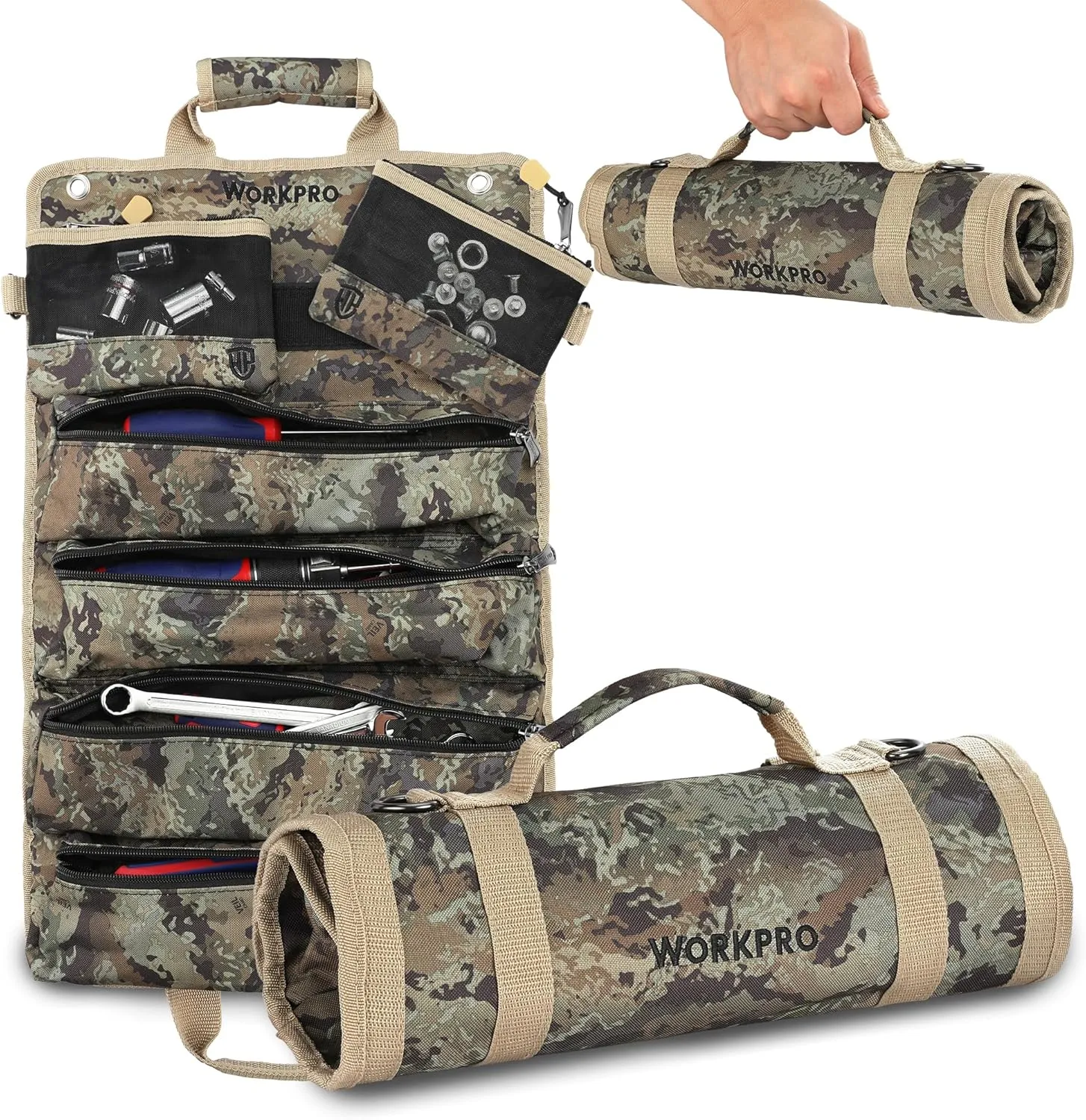 WORKPRO Roll Tool Bag with Detachable Pouches, Heavy Duty Organizer - 6 Pockets, for Mechanics, Electricians, Plumbers & Carpenters - Camo