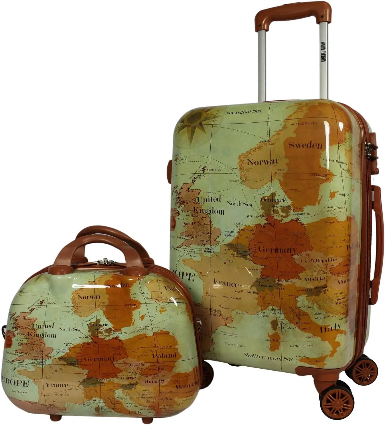 World Traveler Europe Hardside Lightweight Polycarbonate Expandable Spinner Luggage with TSA Lock, Brown, 2-Piece Carry-On Set