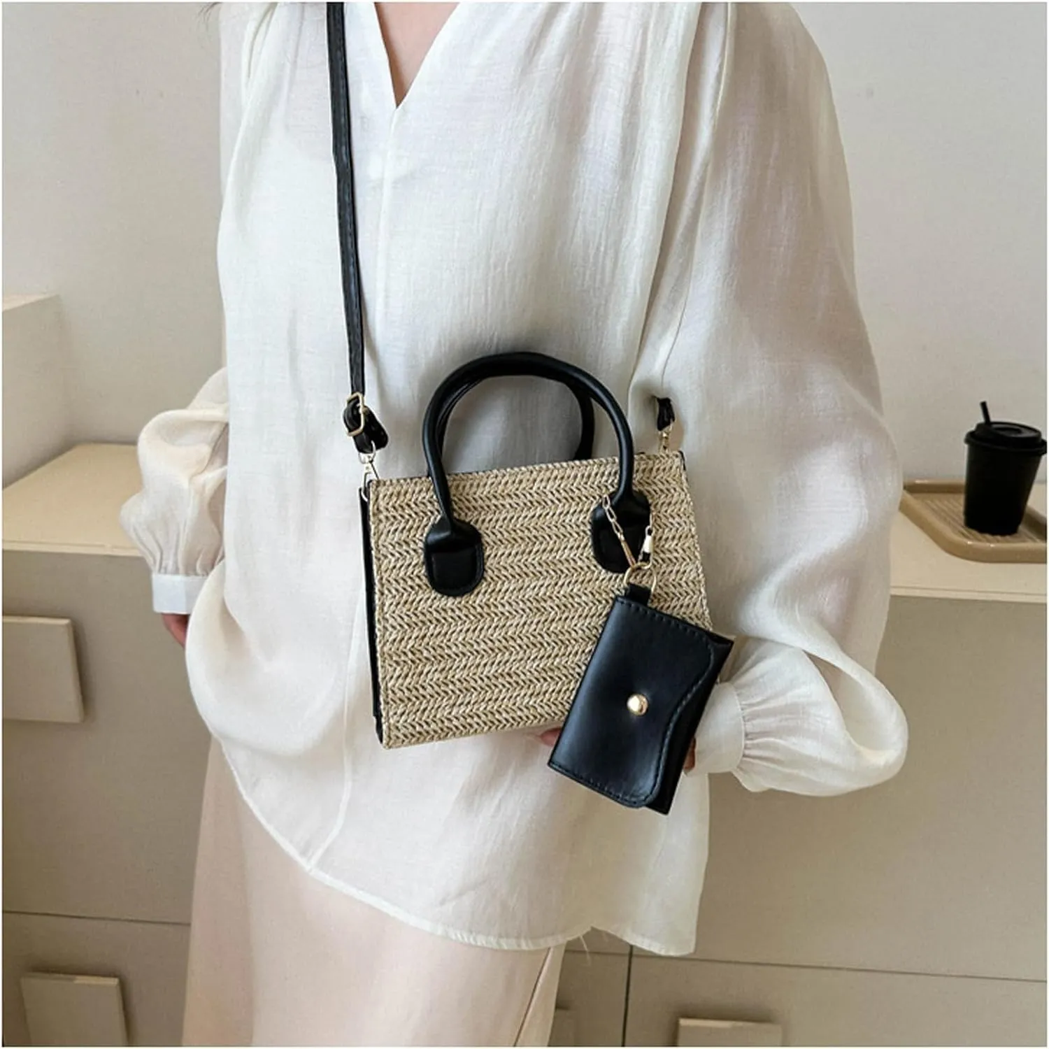 Woven Tote Purses for Women Large Shoulder Handbag Tote Hobo Crossbody Bag Ladies Messenger Pack with Adjustable Strap (Khaki)