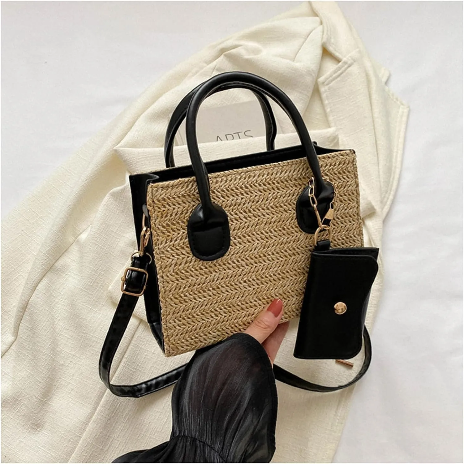 Woven Tote Purses for Women Large Shoulder Handbag Tote Hobo Crossbody Bag Ladies Messenger Pack with Adjustable Strap (Khaki)