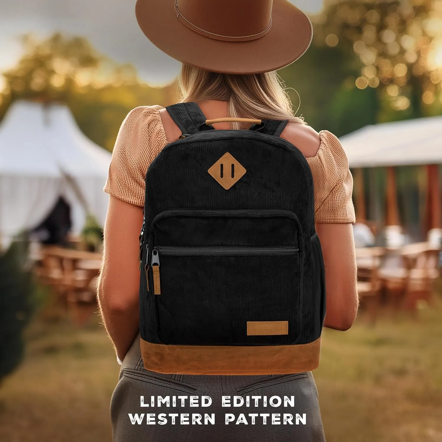 Wrangler Yellowstone Western-Style Backpack Corduroy Casual Daypack for Travel, Class, Everyday Use with Padded Laptop Notebook Sleeve (Black Cord)