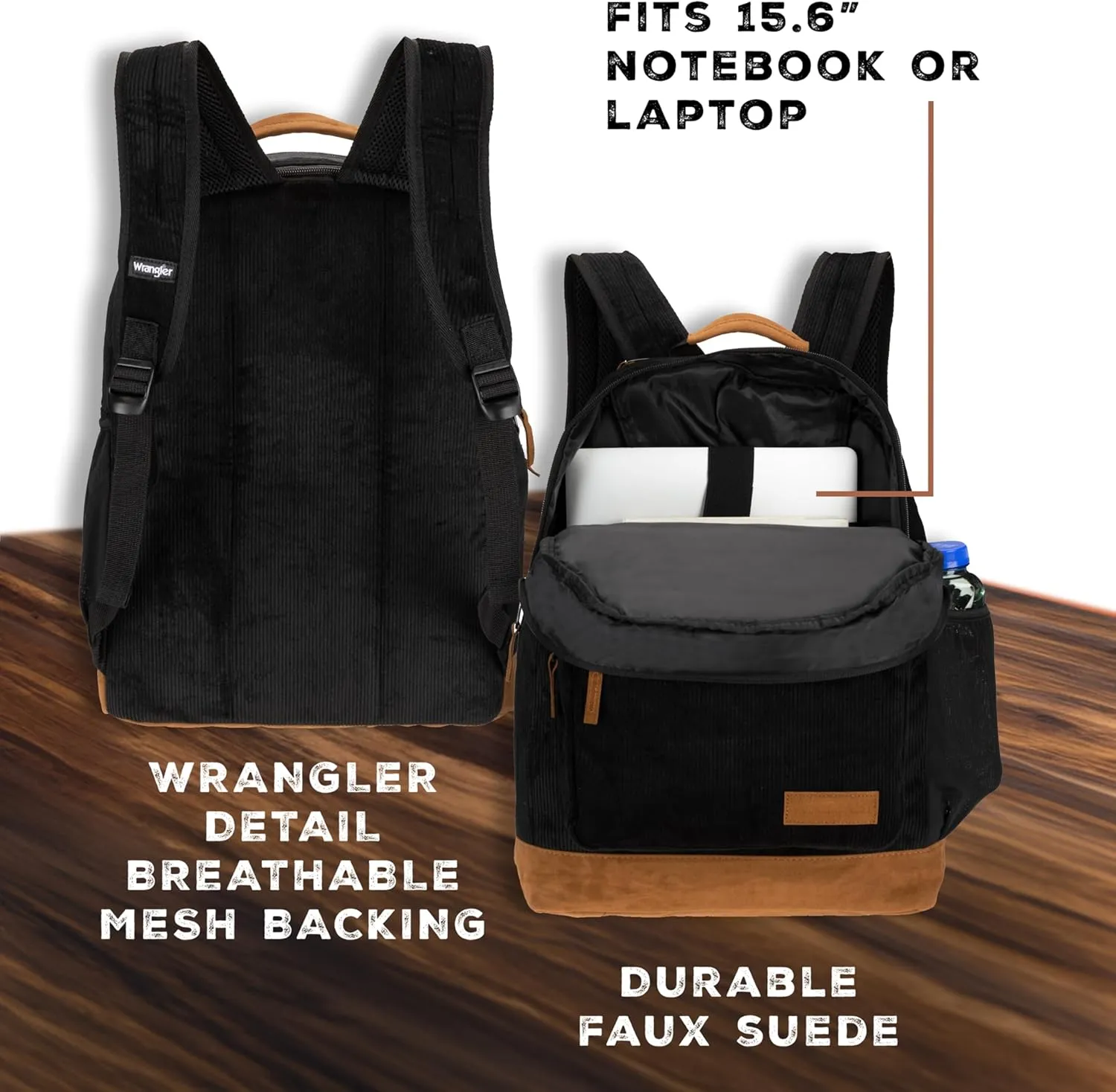 Wrangler Yellowstone Western-Style Backpack Corduroy Casual Daypack for Travel, Class, Everyday Use with Padded Laptop Notebook Sleeve (Black Cord)