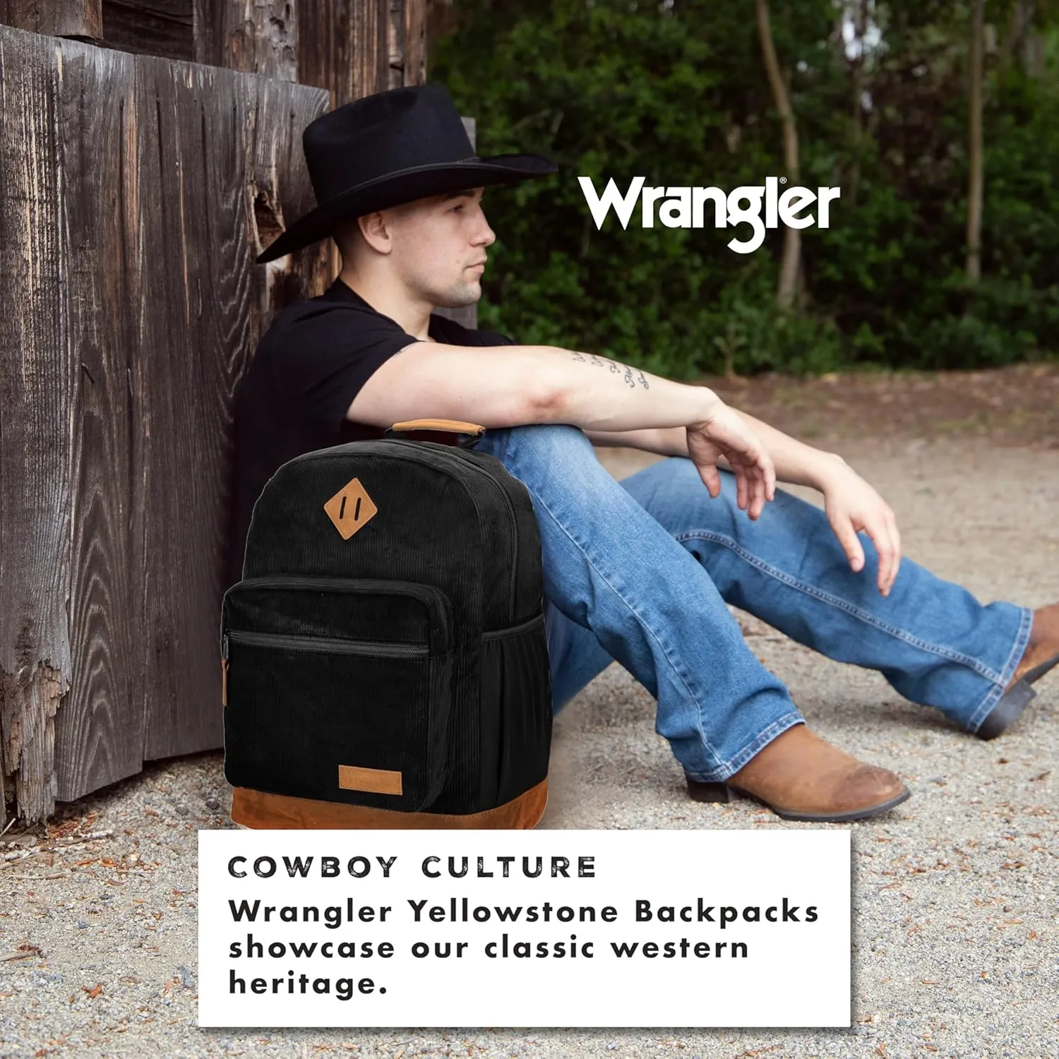 Wrangler Yellowstone Western-Style Backpack Corduroy Casual Daypack for Travel, Class, Everyday Use with Padded Laptop Notebook Sleeve (Black Cord)