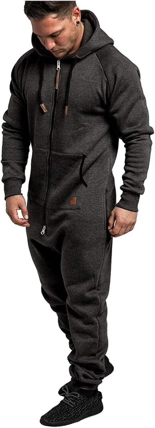 WUAI Onesie Men's Hooded Jumpsuit Zip Up One Piece Pajamas Playsuit Jogger Sweatsuit Overall Romper
