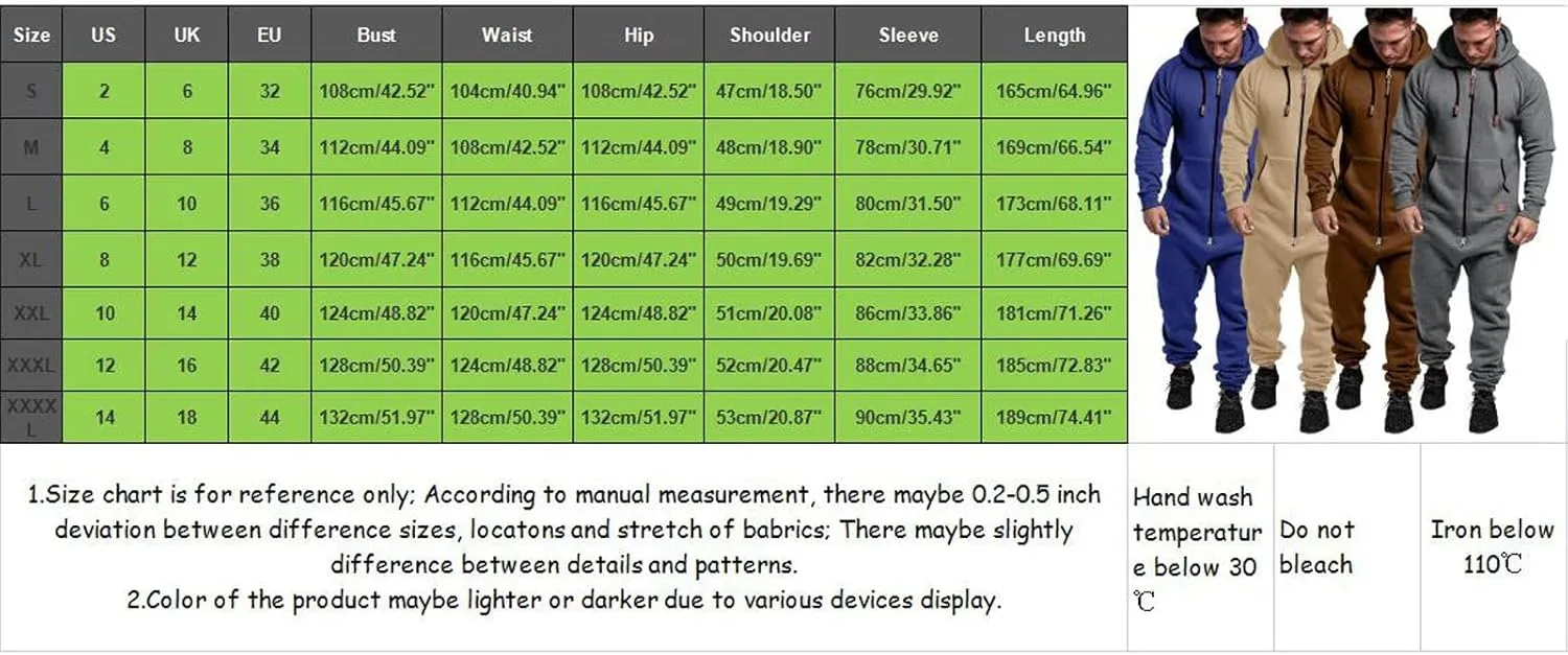 WUAI Onesie Men's Hooded Jumpsuit Zip Up One Piece Pajamas Playsuit Jogger Sweatsuit Overall Romper