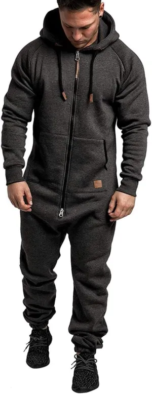 WUAI Onesie Men's Hooded Jumpsuit Zip Up One Piece Pajamas Playsuit Jogger Sweatsuit Overall Romper