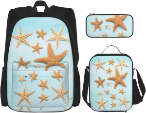 WURTON 3d Beautiful Maritime Summer Print 3 In 1 Sets Casual Adjustable Shoulder Backpack Lunch Bag Pencil Case Pouch Box