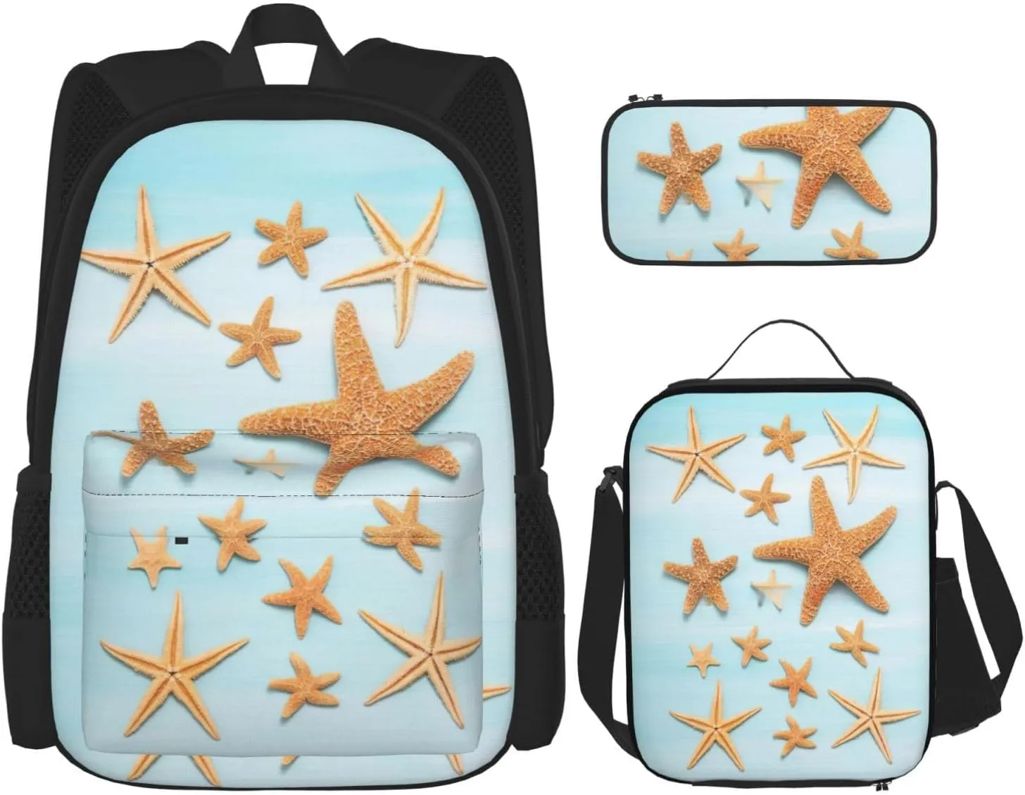 WURTON 3d Beautiful Maritime Summer Print 3 In 1 Sets Casual Adjustable Shoulder Backpack Lunch Bag Pencil Case Pouch Box
