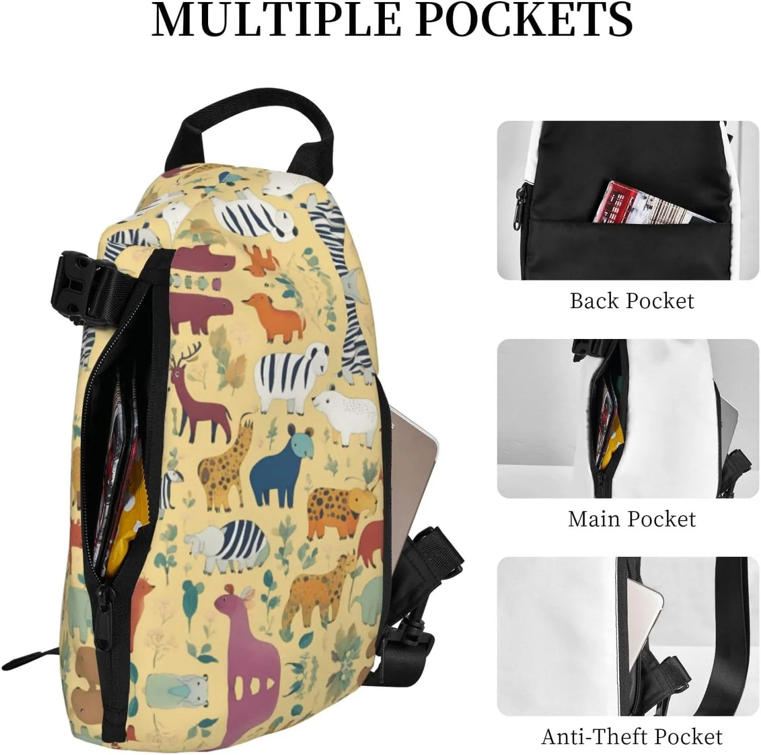 WURTON Black And Gold Flowers Print Lightweight Adjustable Crossbody Backpack Daypack For Men,Women Sling Bag