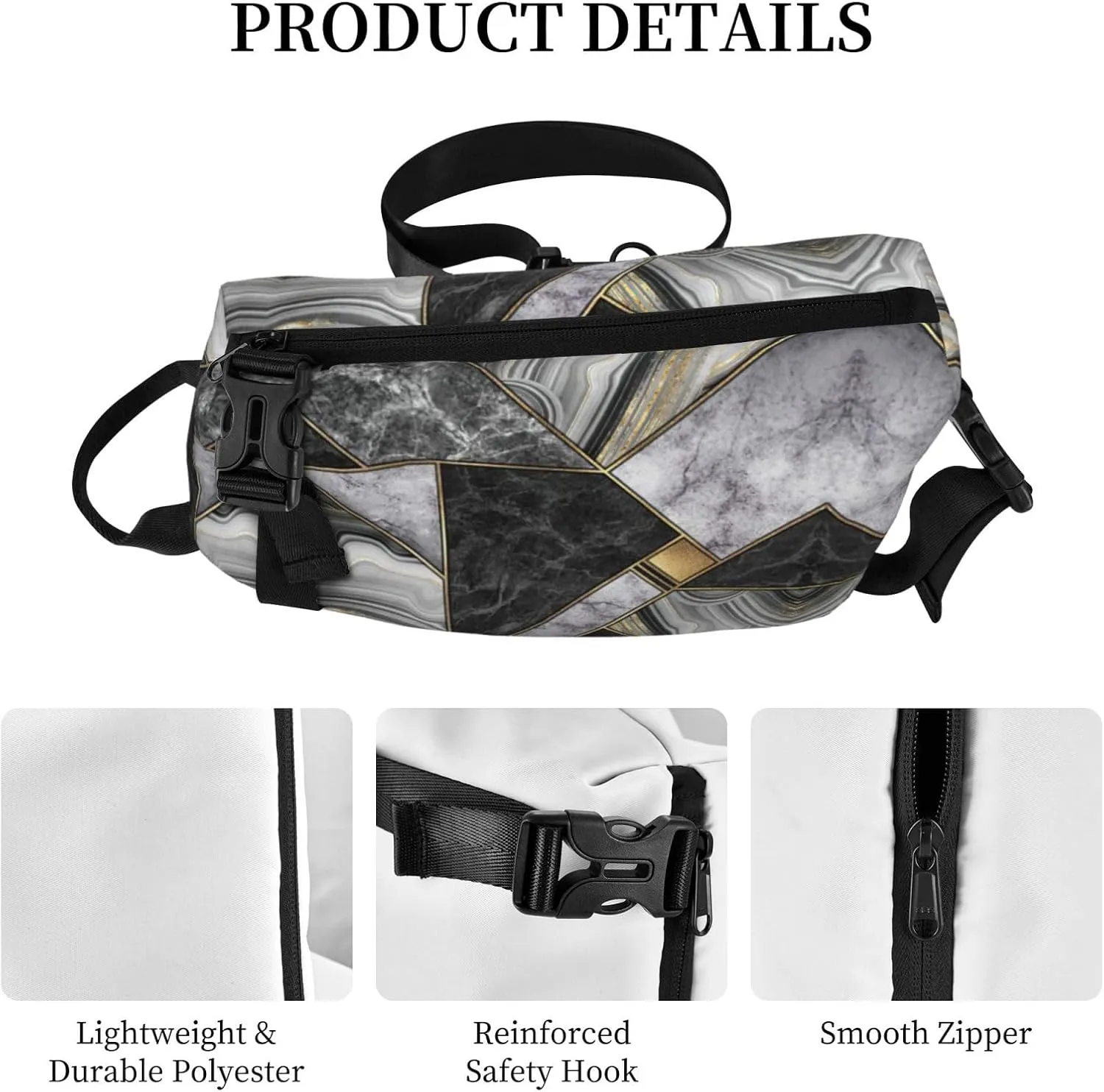 WURTON Black Marble Texture Gold Print Crossbody Backpack Cross Pack Lightweight Sling Bag Travel, Hiking