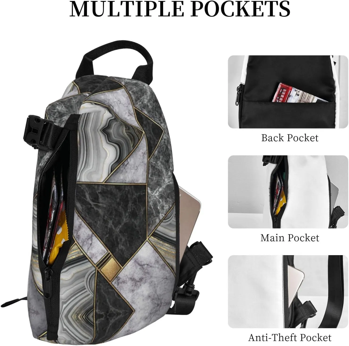 WURTON Black Marble Texture Gold Print Crossbody Backpack Cross Pack Lightweight Sling Bag Travel, Hiking
