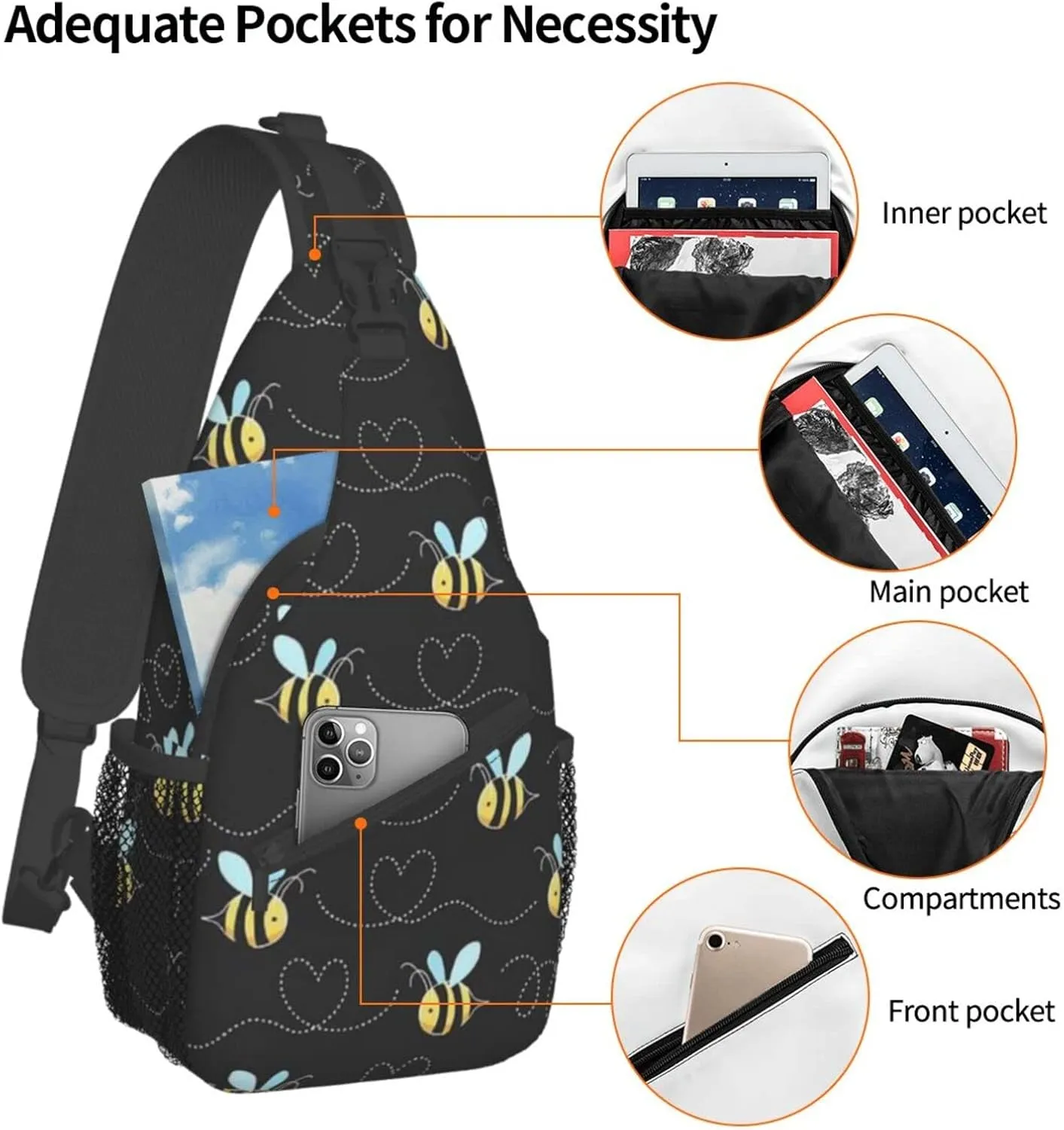 WURTON Bumble Bees Print Crossbody Backpack Shoulder Bag Cross Chest Bag For Travel, Hiking Gym Tactical Use