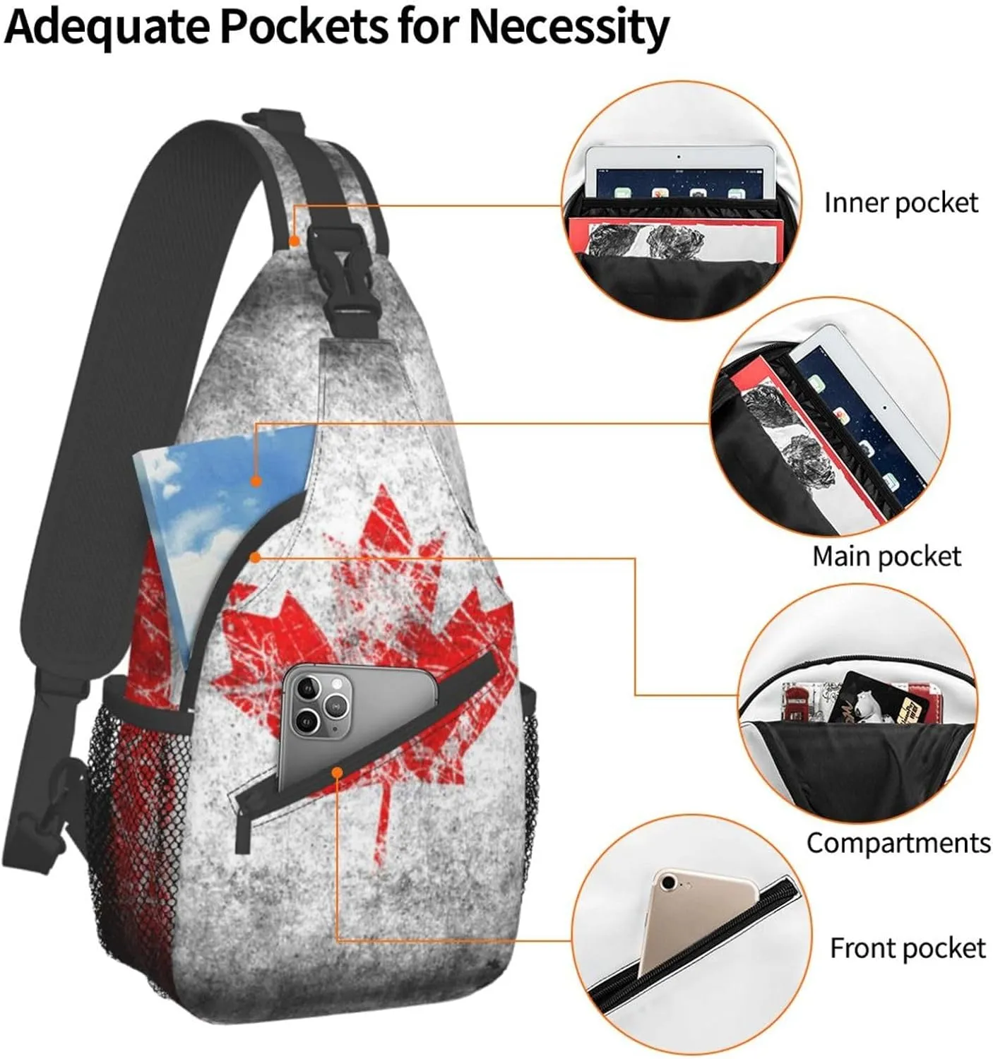 WURTON Canada Flag Print Crossbody Backpack Shoulder Bag Cross Chest Bag For Travel, Hiking Gym Tactical Use