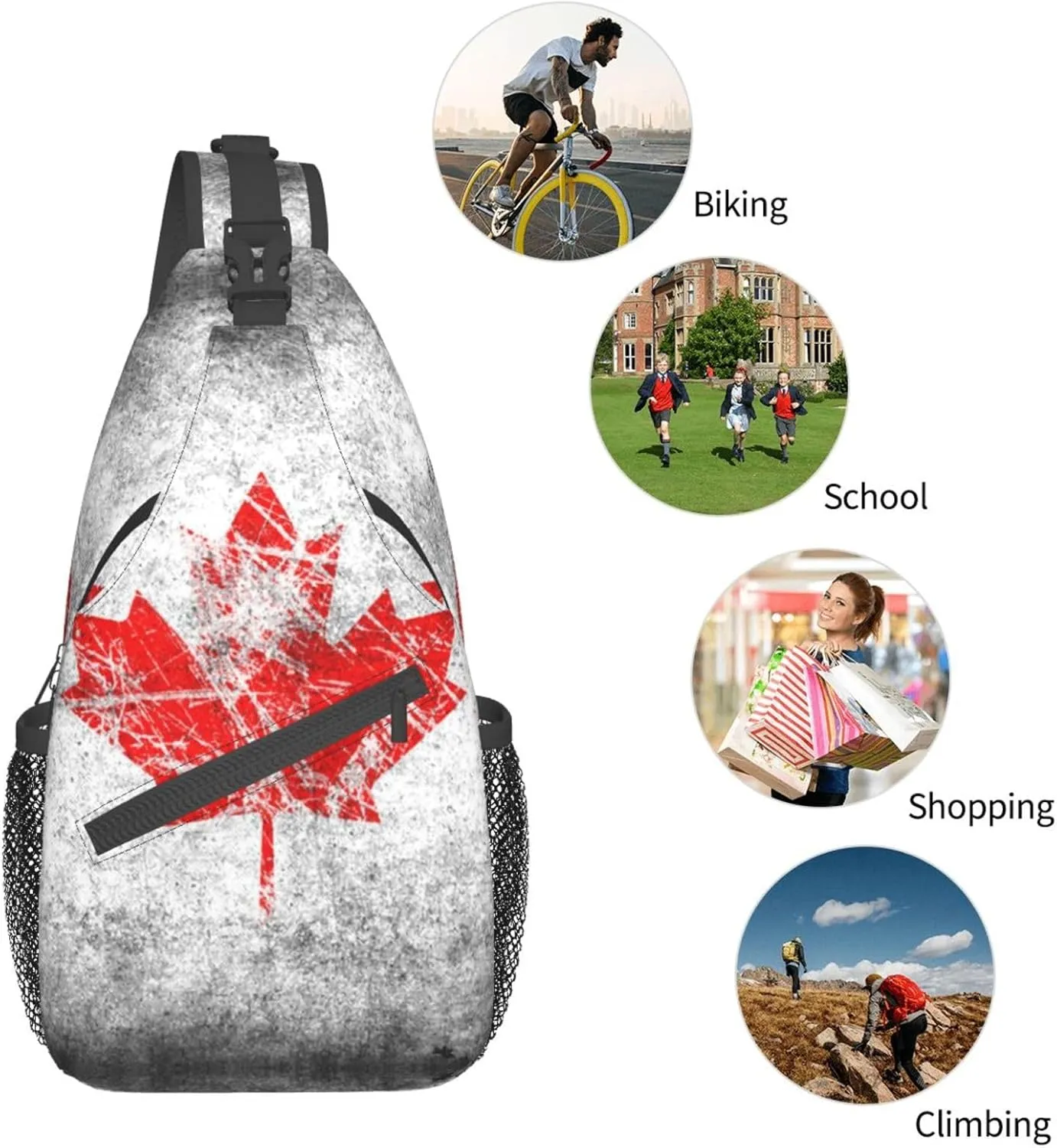 WURTON Canada Flag Print Crossbody Backpack Shoulder Bag Cross Chest Bag For Travel, Hiking Gym Tactical Use