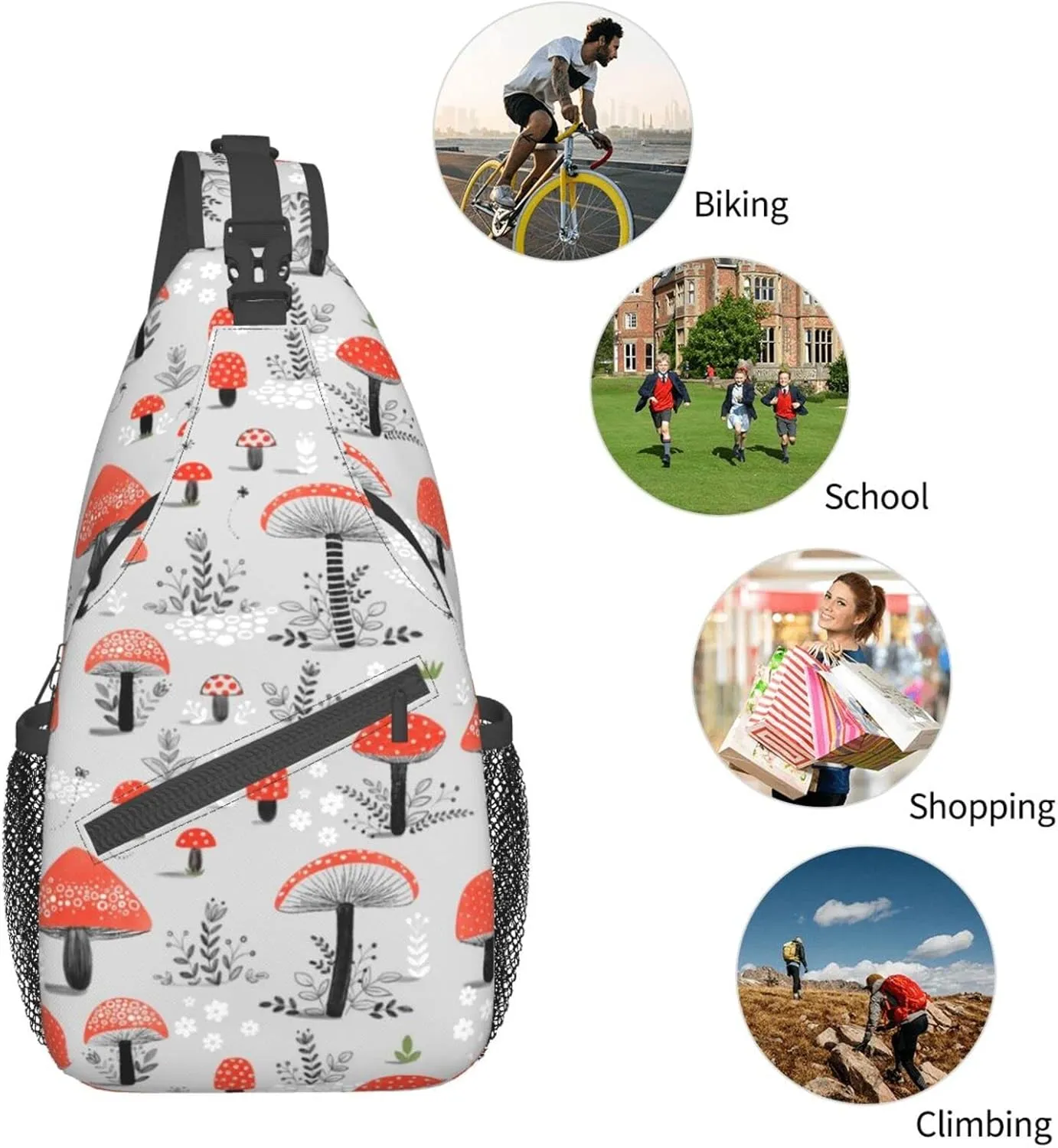 WURTON Cartoon Mushrooms Print Crossbody Backpack Shoulder Bag Cross Chest Bag For Travel, Hiking Gym Tactical Use