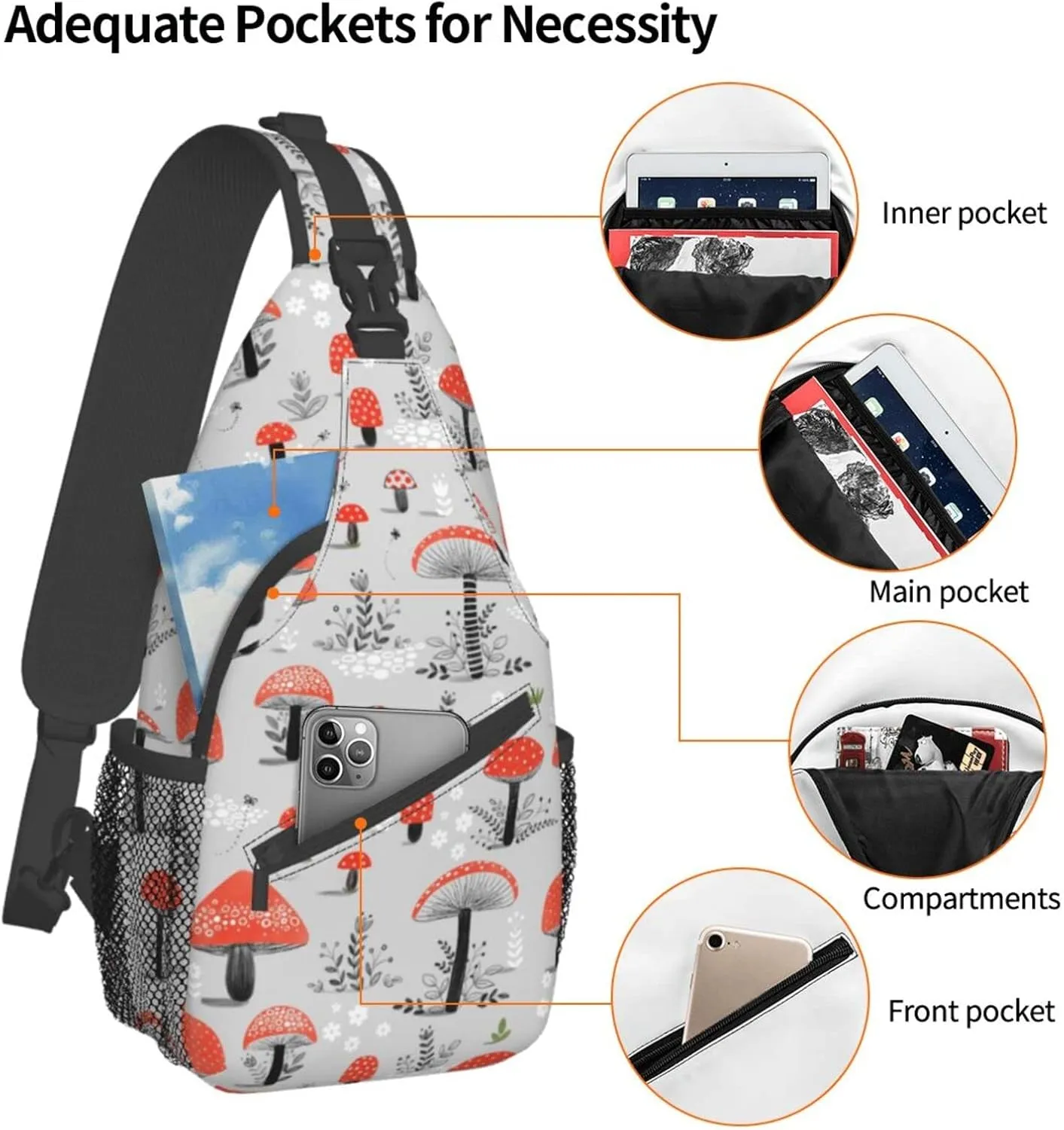 WURTON Cartoon Mushrooms Print Crossbody Backpack Shoulder Bag Cross Chest Bag For Travel, Hiking Gym Tactical Use