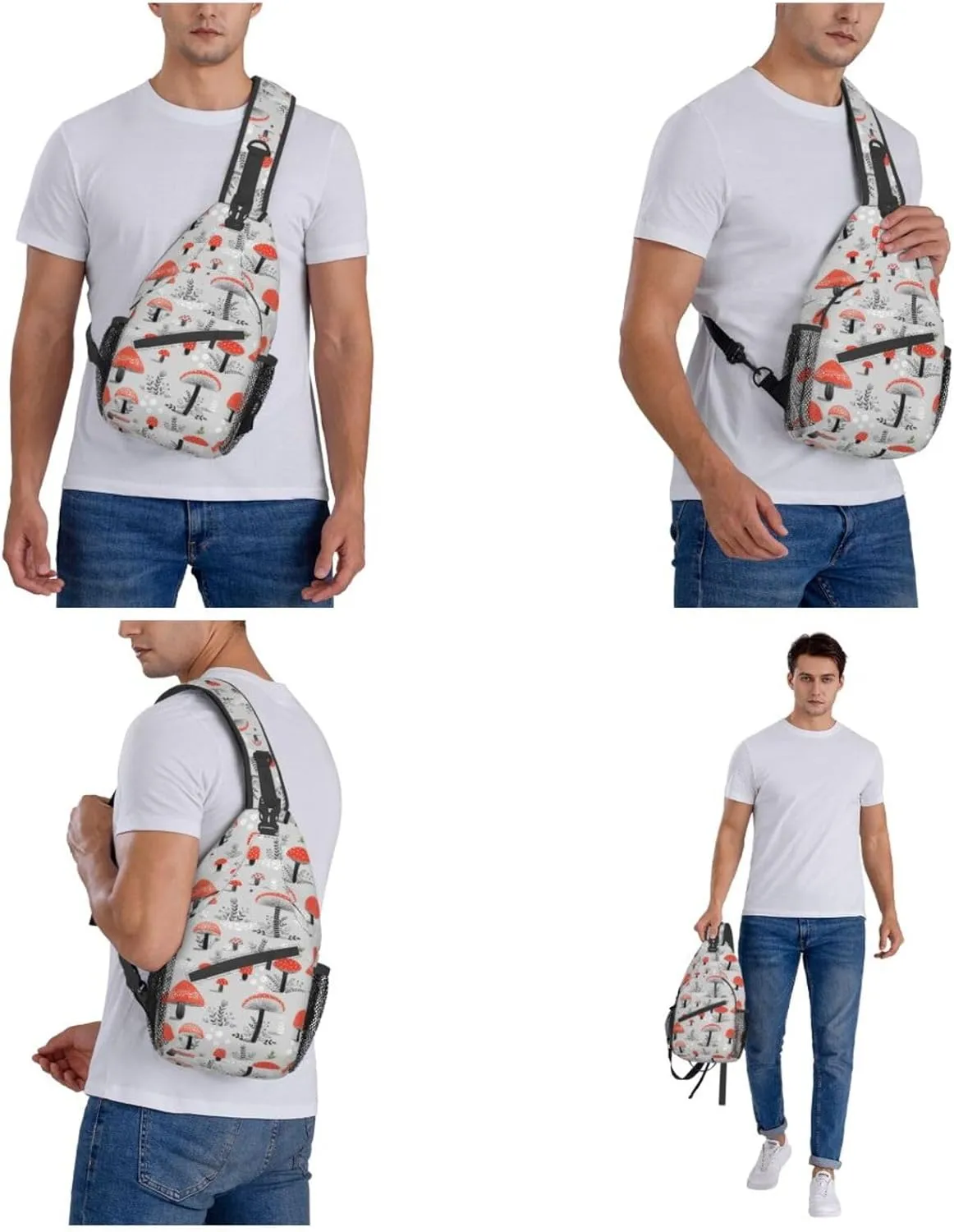 WURTON Cartoon Mushrooms Print Crossbody Backpack Shoulder Bag Cross Chest Bag For Travel, Hiking Gym Tactical Use