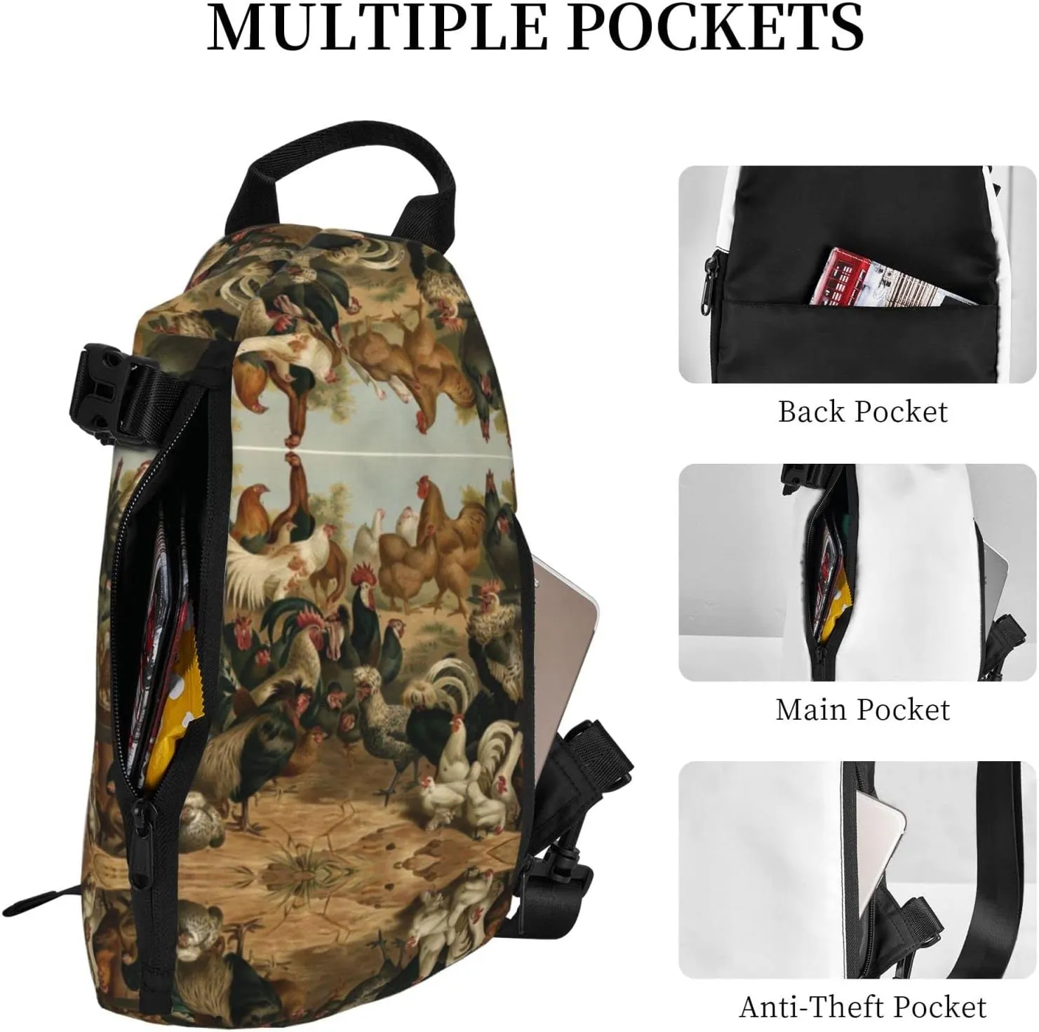 Wurton Chicken And Rooster Print Print Travel Crossbody Backpack Bag,Lightweight Sling Bag For Travel Unisex