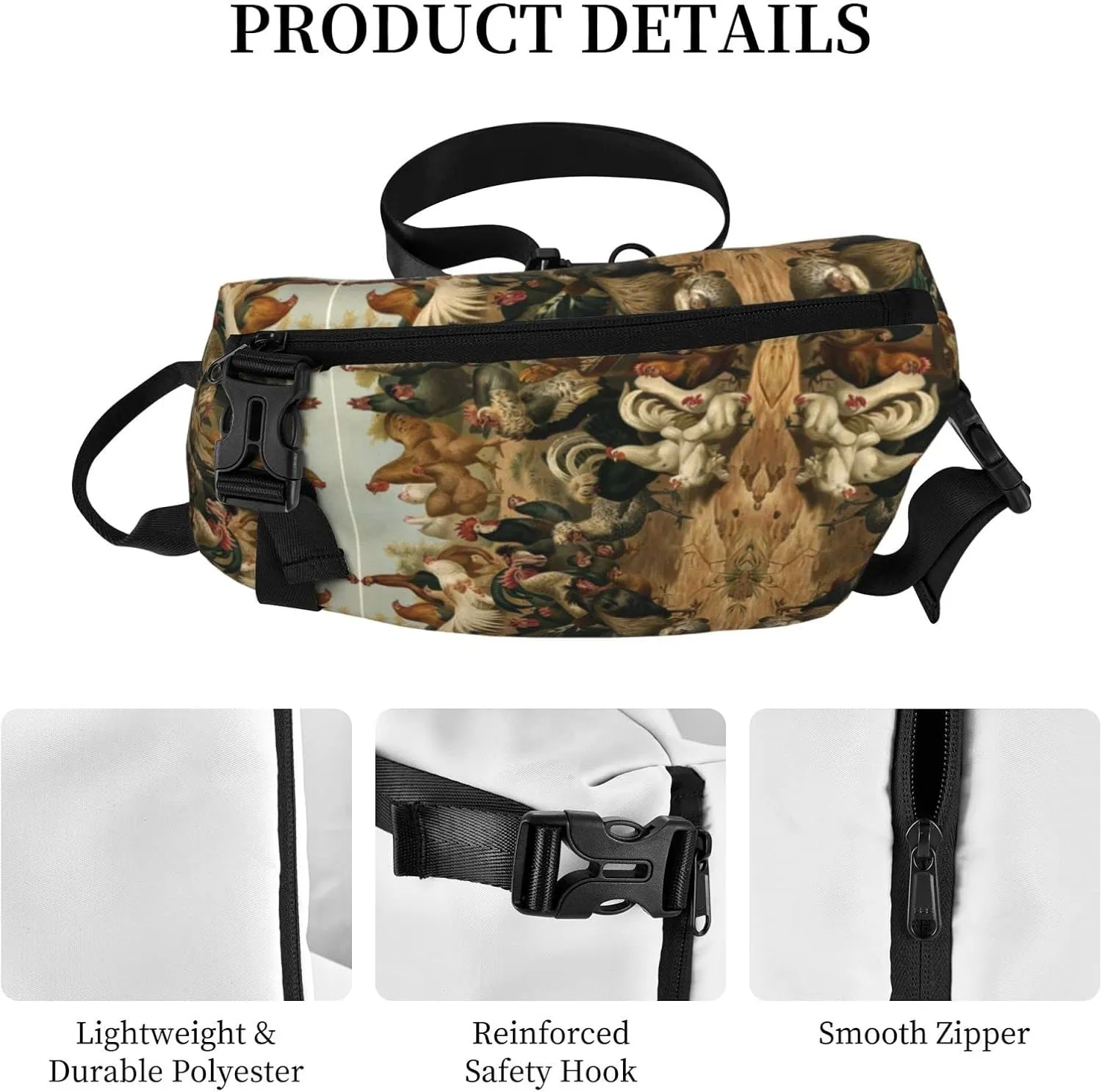 Wurton Chicken And Rooster Print Print Travel Crossbody Backpack Bag,Lightweight Sling Bag For Travel Unisex