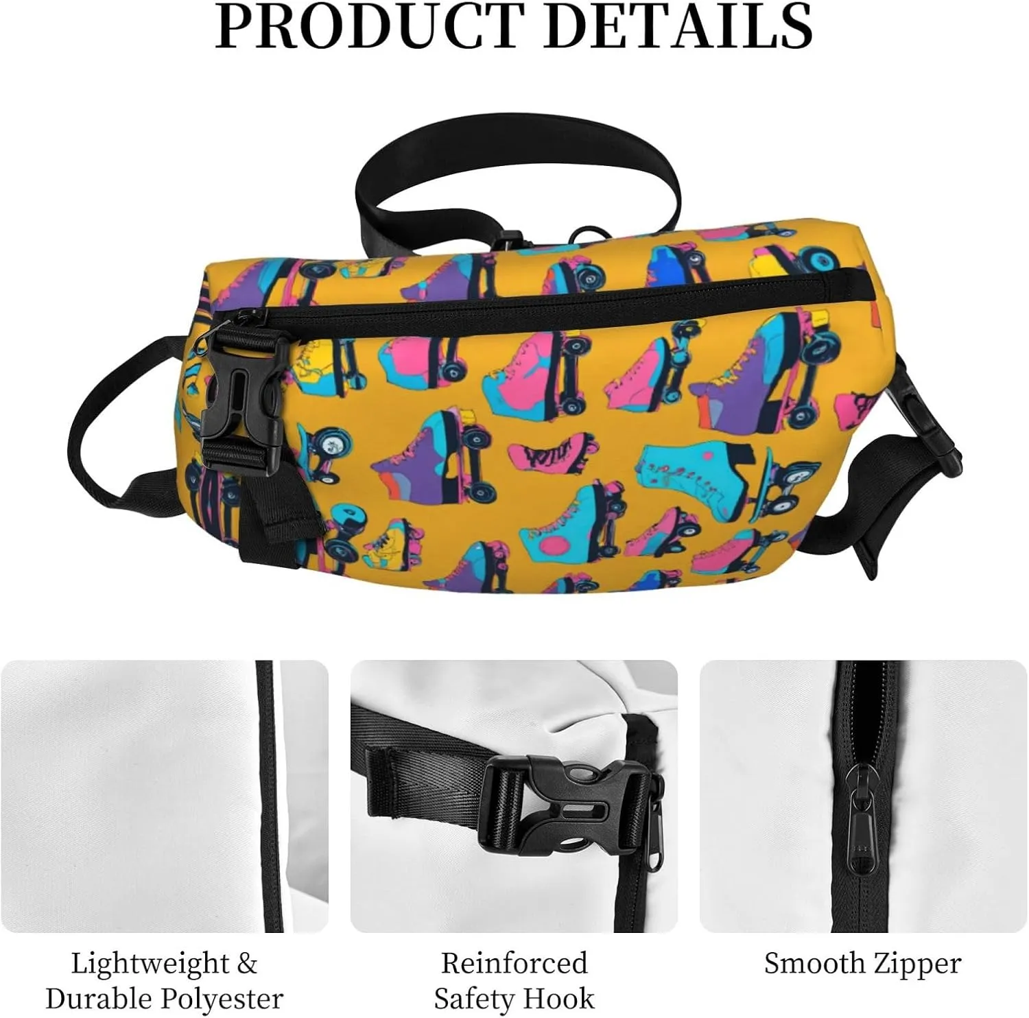 WURTON Colorful Roller Skates Print Crossbody Backpack Cross Pack Lightweight Sling Bag Travel, Hiking