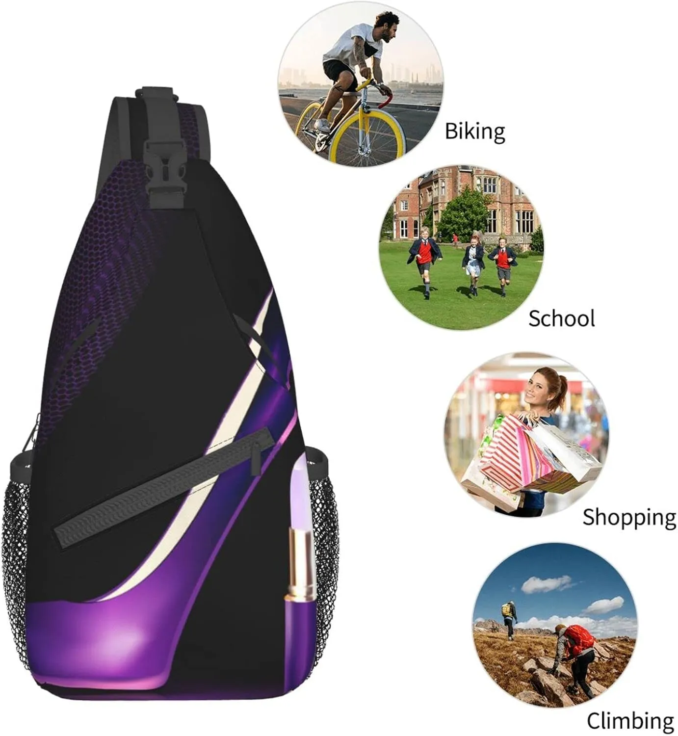 WURTON Elegant Purple High Heels Print Crossbody Backpack Shoulder Bag Cross Chest Bag For Travel, Hiking Gym Tactical Use