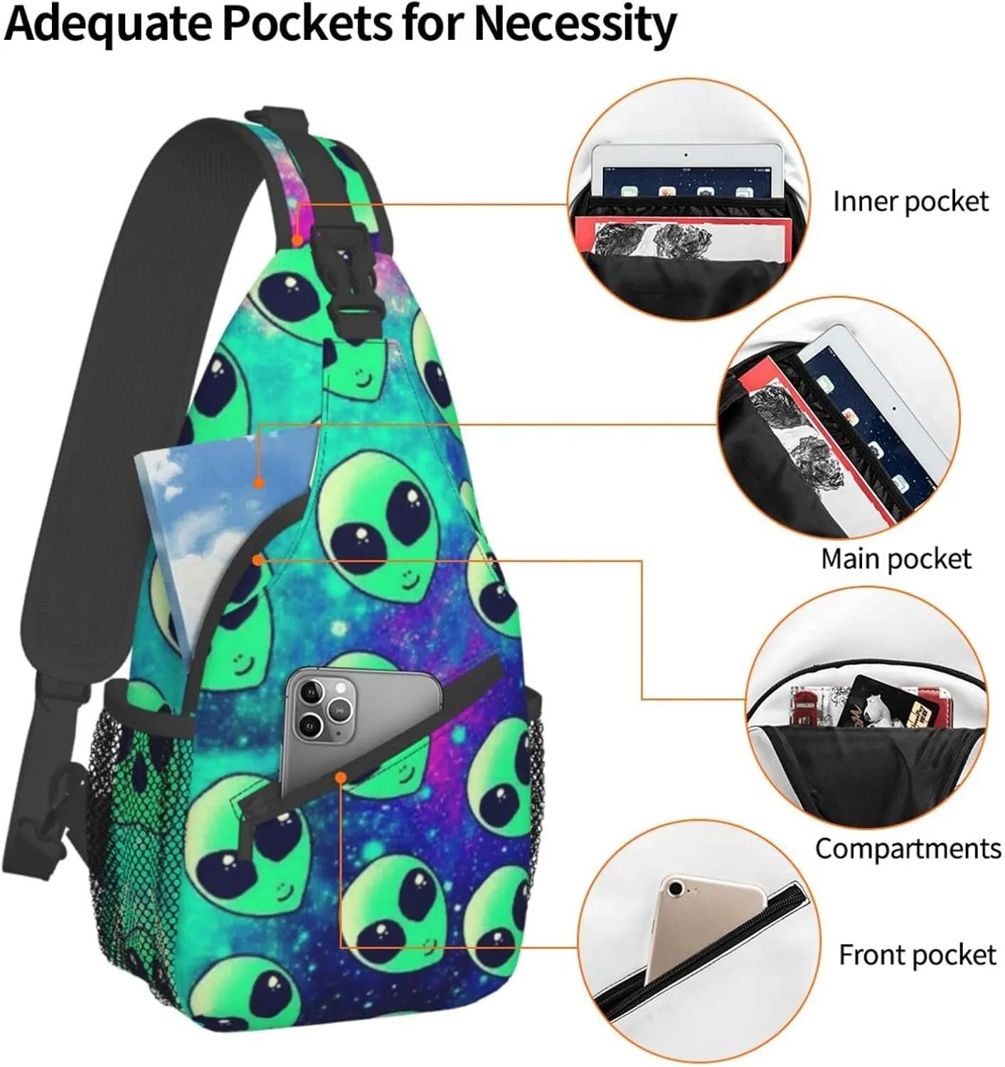 WURTON Green Aliens Print Crossbody Backpack Shoulder Bag Cross Chest Bag For Travel, Hiking Gym Tactical Use