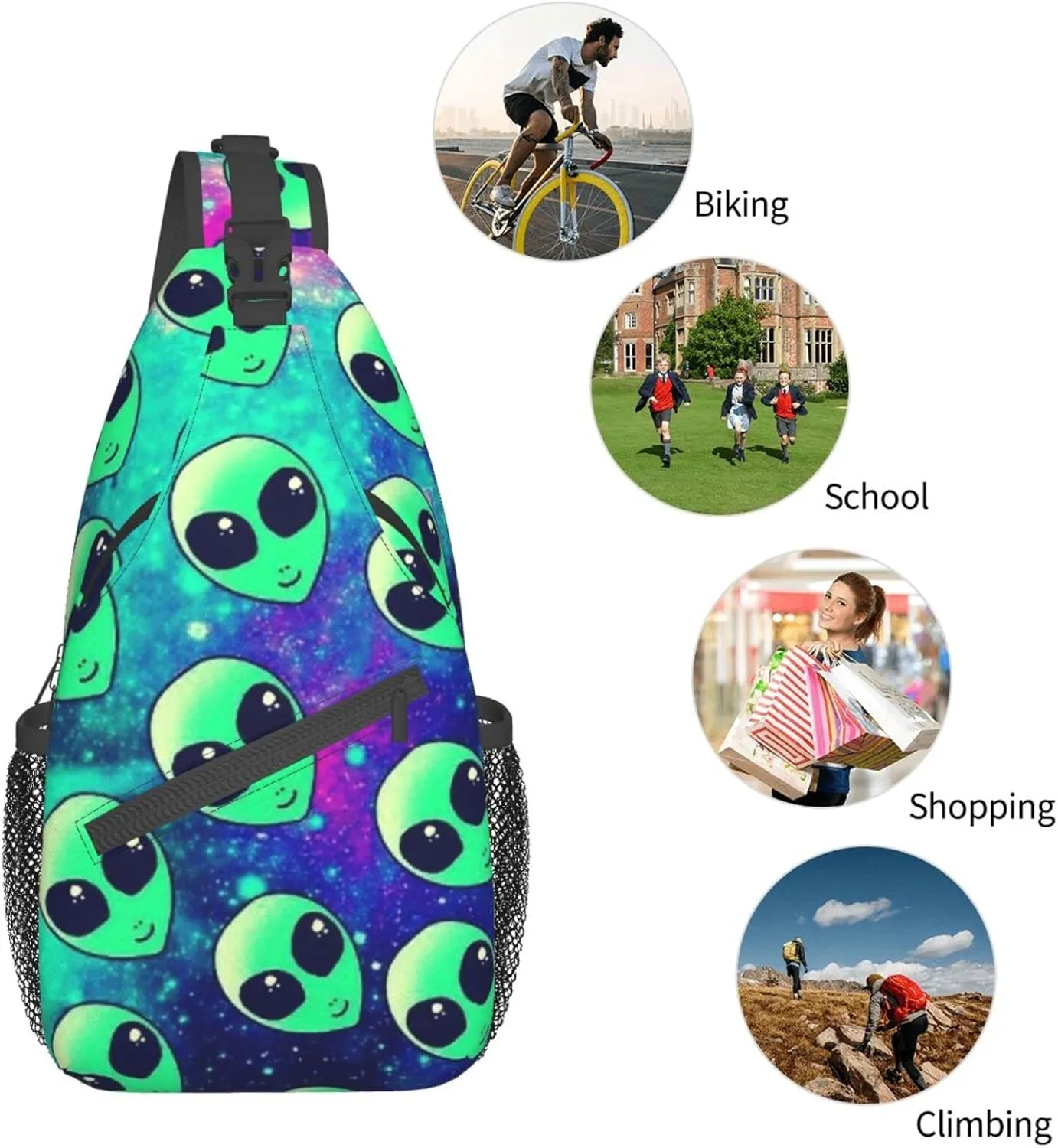 WURTON Green Aliens Print Crossbody Backpack Shoulder Bag Cross Chest Bag For Travel, Hiking Gym Tactical Use