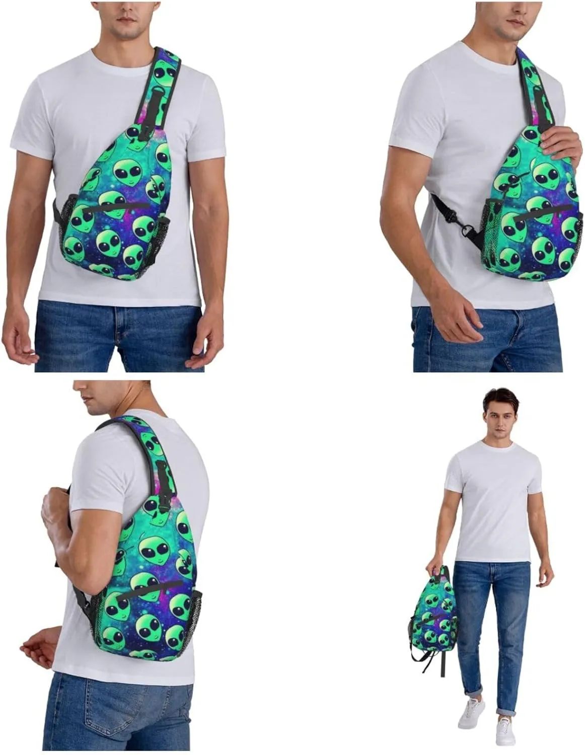 WURTON Green Aliens Print Crossbody Backpack Shoulder Bag Cross Chest Bag For Travel, Hiking Gym Tactical Use