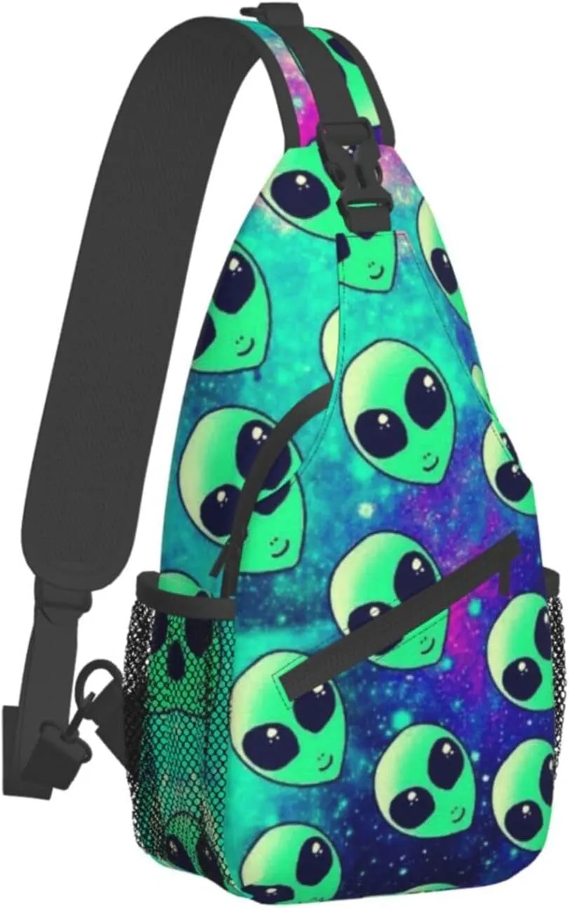 WURTON Green Aliens Print Crossbody Backpack Shoulder Bag Cross Chest Bag For Travel, Hiking Gym Tactical Use