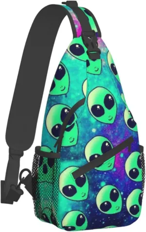 WURTON Green Aliens Print Crossbody Backpack Shoulder Bag Cross Chest Bag For Travel, Hiking Gym Tactical Use