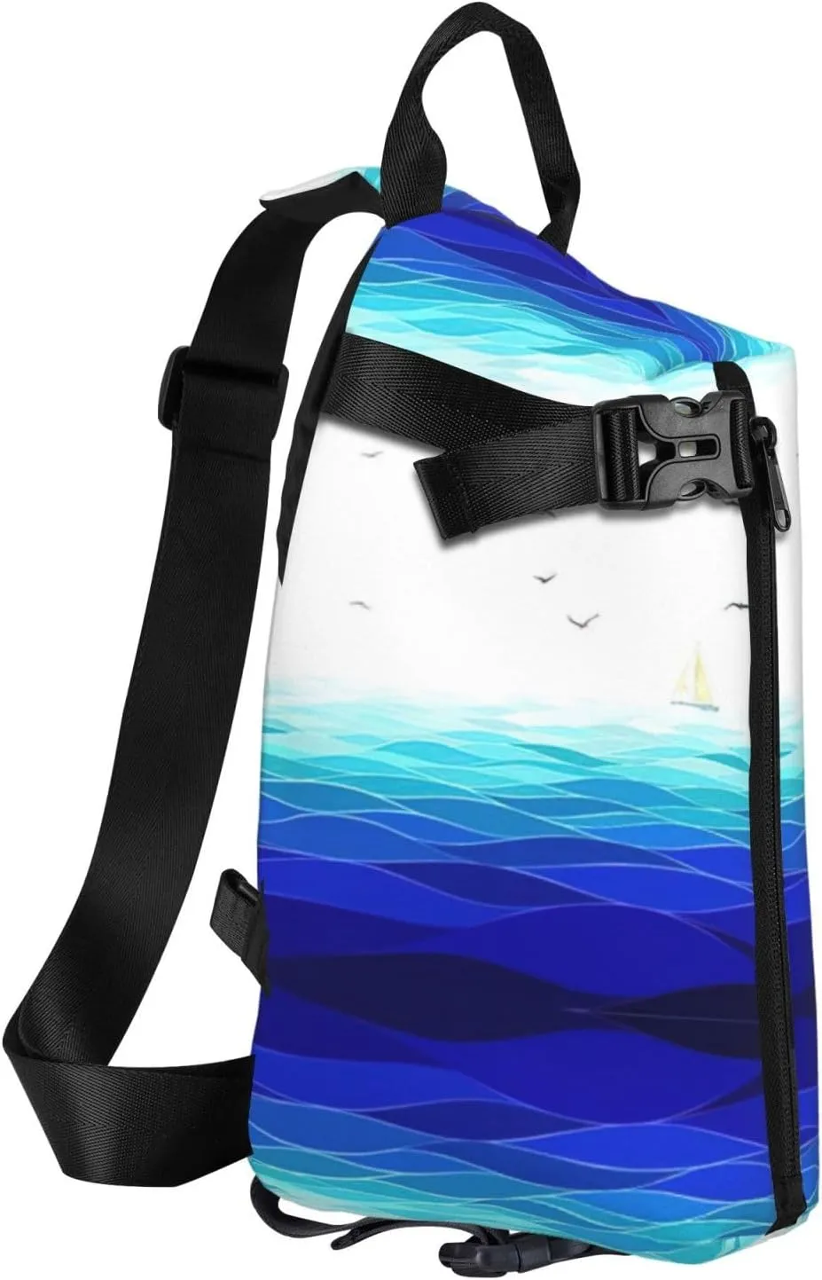 WURTON Ocean Waves Sailboat With Birds Maritime Print Crossbody Backpack Cross Pack Lightweight Sling Bag Travel, Hiking