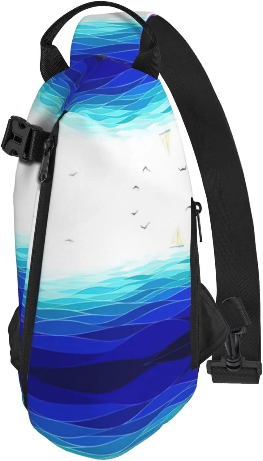 WURTON Ocean Waves Sailboat With Birds Maritime Print Crossbody Backpack Cross Pack Lightweight Sling Bag Travel, Hiking