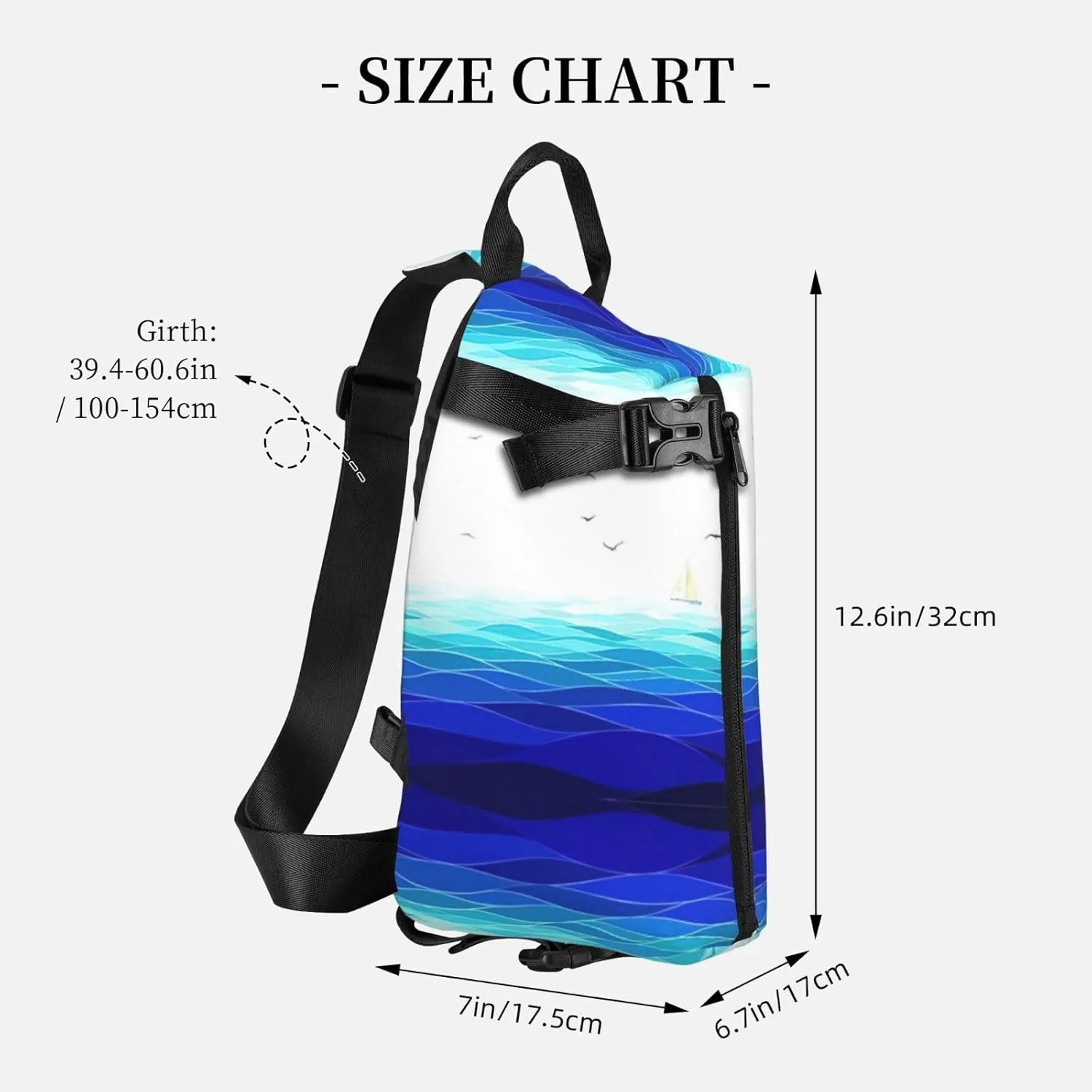 WURTON Ocean Waves Sailboat With Birds Maritime Print Crossbody Backpack Cross Pack Lightweight Sling Bag Travel, Hiking
