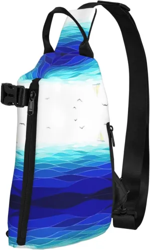 WURTON Ocean Waves Sailboat With Birds Maritime Print Crossbody Backpack Cross Pack Lightweight Sling Bag Travel, Hiking