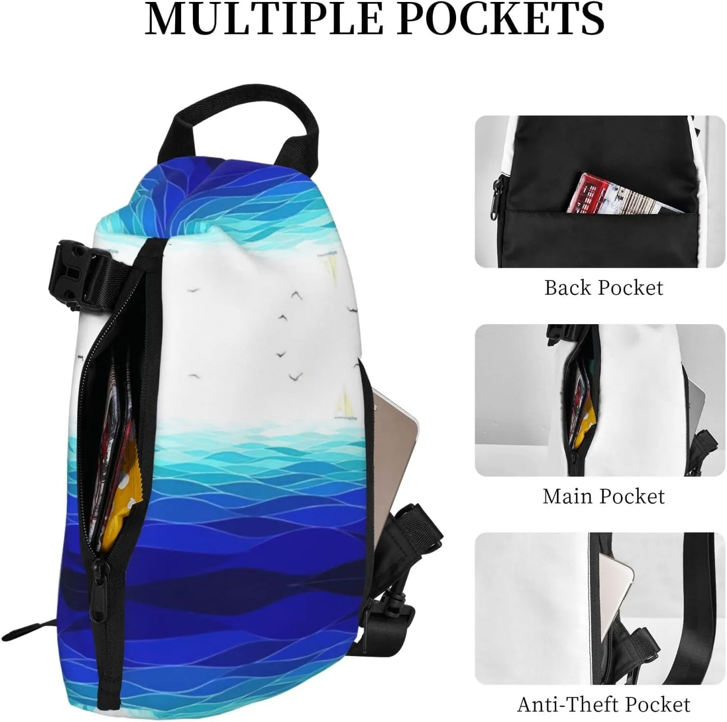 WURTON Ocean Waves Sailboat With Birds Maritime Print Crossbody Backpack Cross Pack Lightweight Sling Bag Travel, Hiking