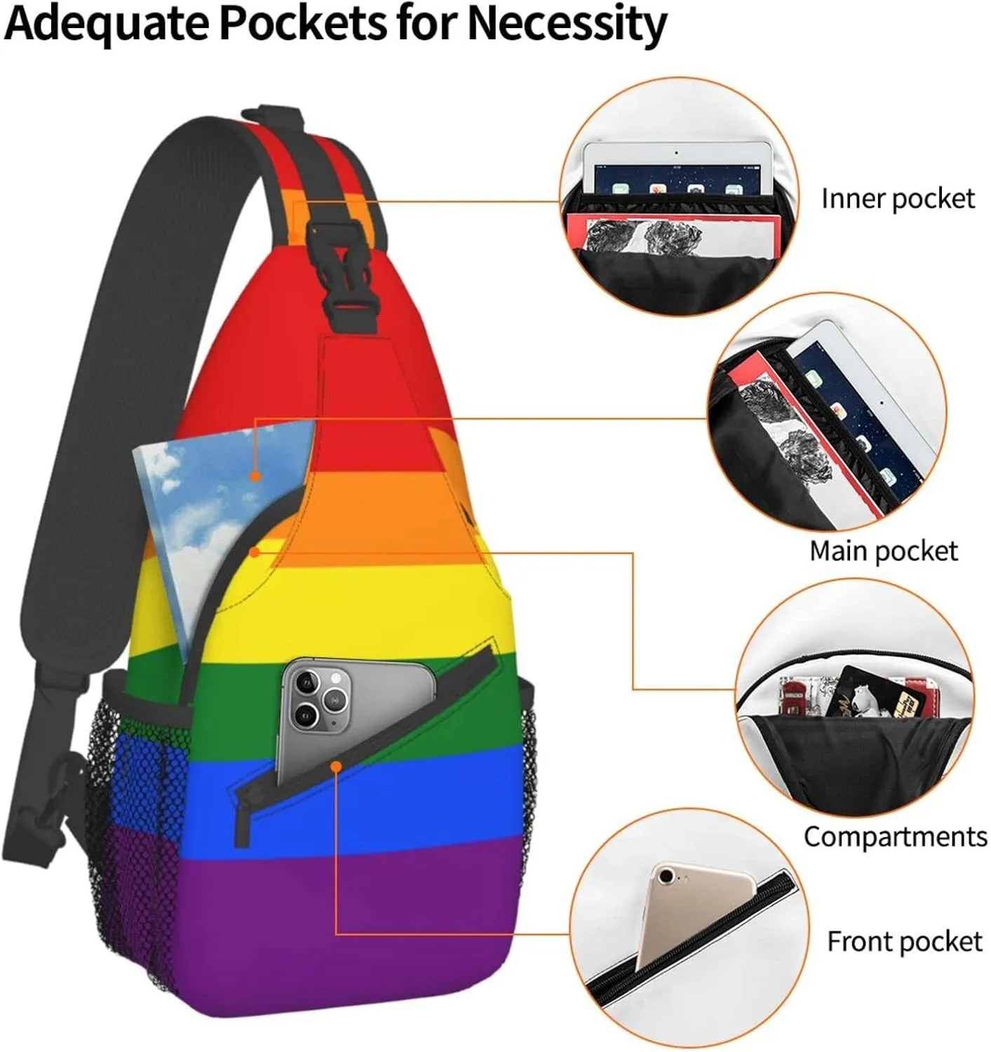 WURTON Rainbow Print Crossbody Backpack Shoulder Bag Cross Chest Bag For Travel, Hiking Gym Tactical Use