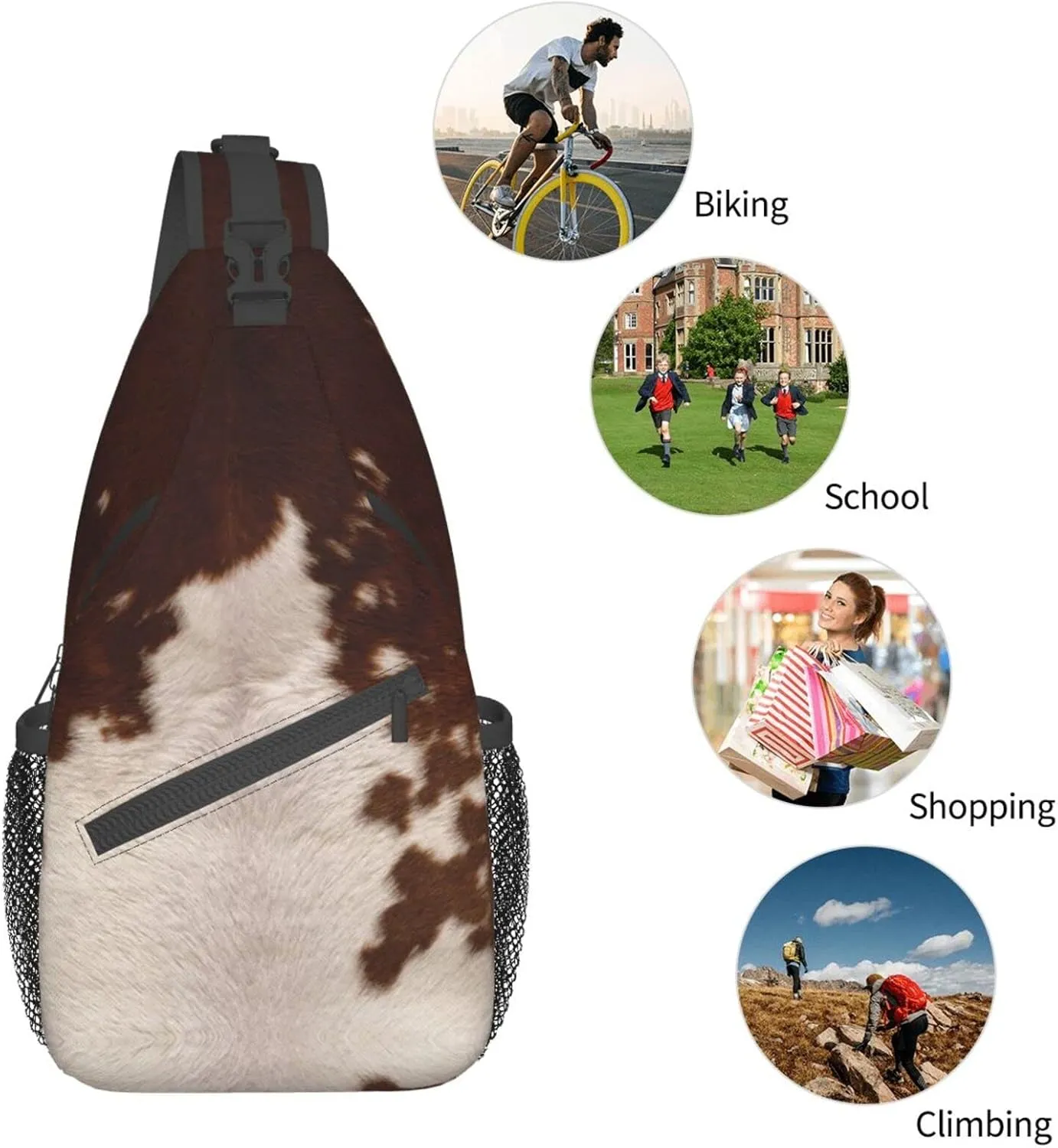 WURTON Red Brown Cowhide Print Crossbody Backpack Shoulder Bag Cross Chest Bag For Travel, Hiking Gym Tactical Use