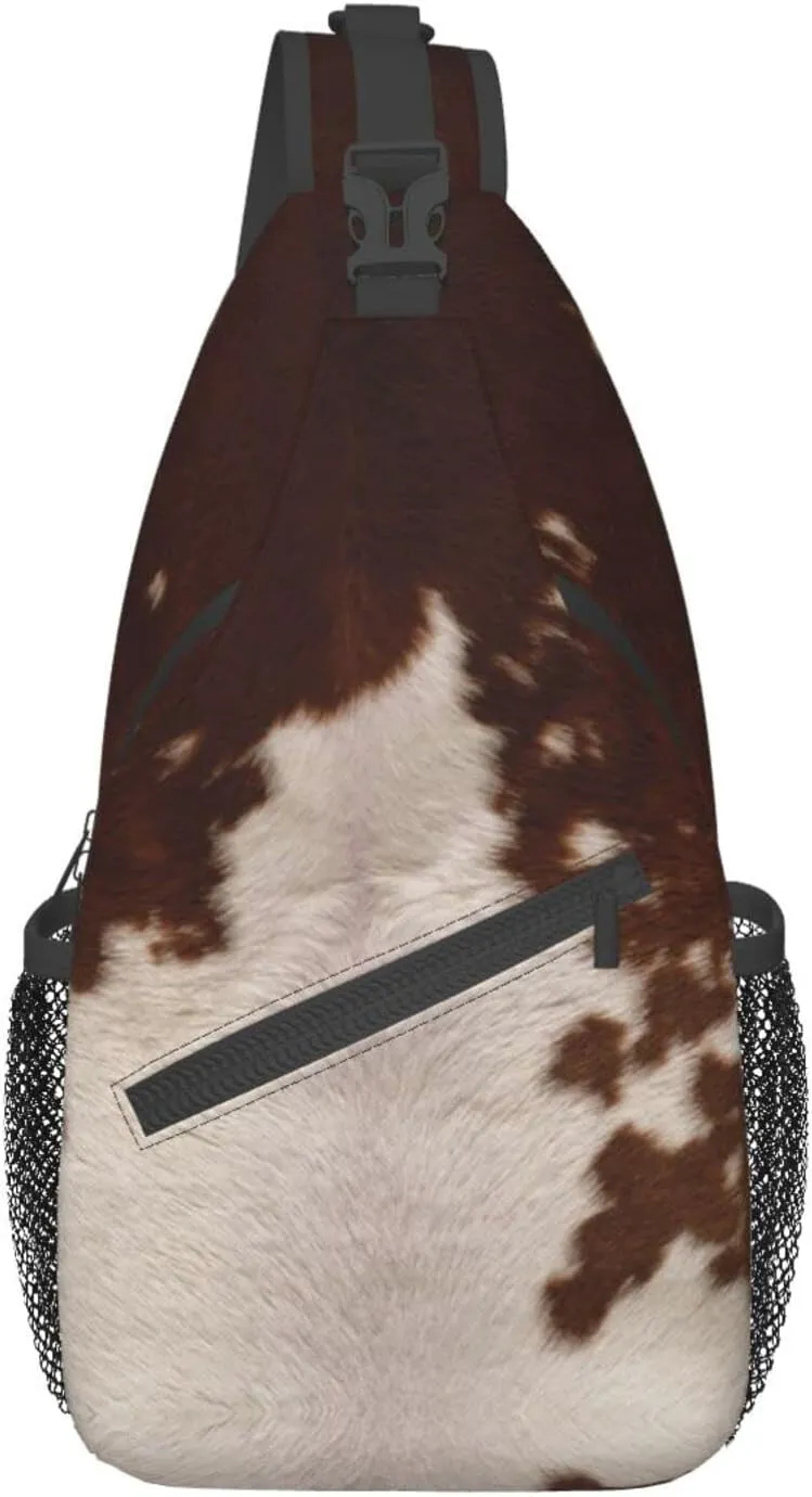 WURTON Red Brown Cowhide Print Crossbody Backpack Shoulder Bag Cross Chest Bag For Travel, Hiking Gym Tactical Use