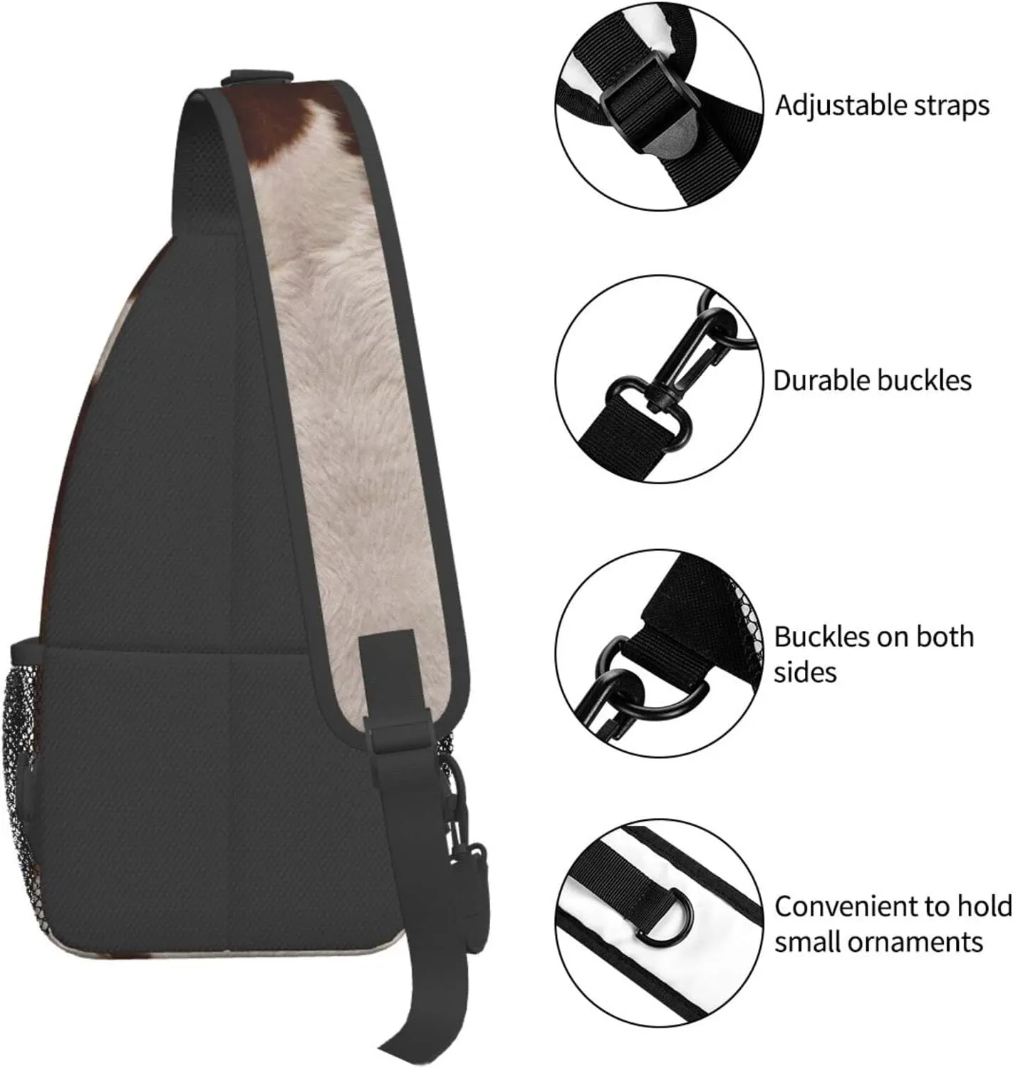 WURTON Red Brown Cowhide Print Crossbody Backpack Shoulder Bag Cross Chest Bag For Travel, Hiking Gym Tactical Use