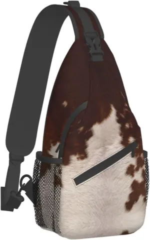 WURTON Red Brown Cowhide Print Crossbody Backpack Shoulder Bag Cross Chest Bag For Travel, Hiking Gym Tactical Use
