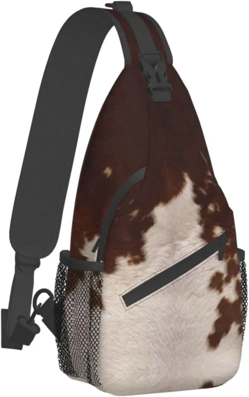 WURTON Red Brown Cowhide Print Crossbody Backpack Shoulder Bag Cross Chest Bag For Travel, Hiking Gym Tactical Use
