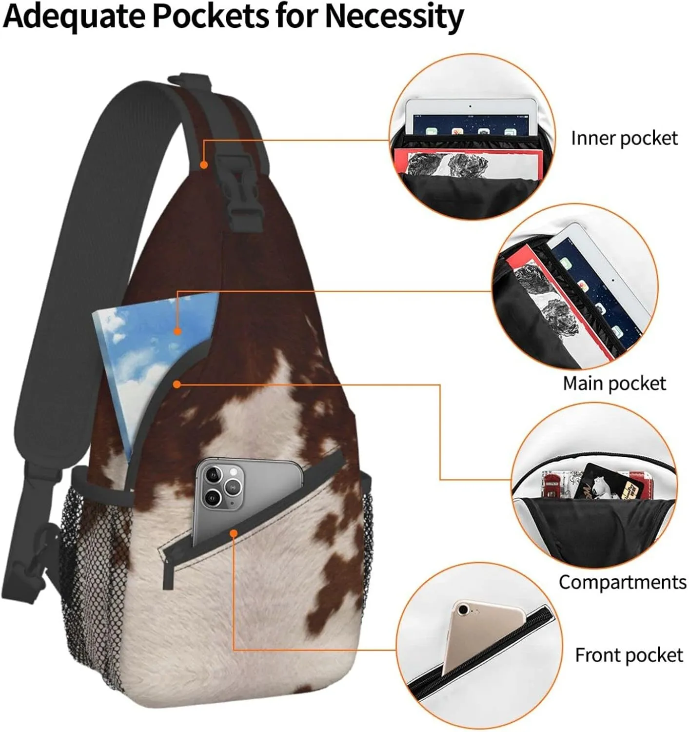 WURTON Red Brown Cowhide Print Crossbody Backpack Shoulder Bag Cross Chest Bag For Travel, Hiking Gym Tactical Use