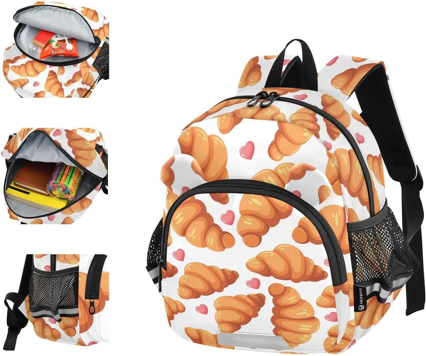 Wusikd Kids Backpack Croissants Crispy Crust Toddler Bags Pink Hearts Schoolbag for Girls Boys Kindergarten Student M
