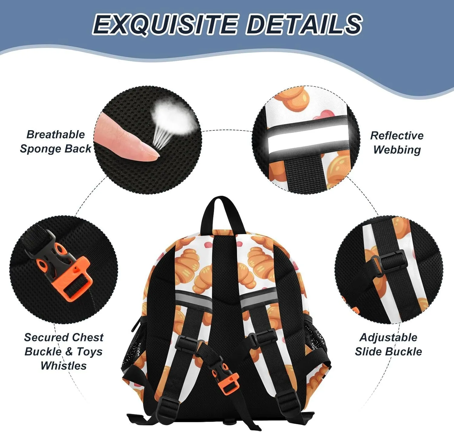 Wusikd Kids Backpack Croissants Crispy Crust Toddler Bags Pink Hearts Schoolbag for Girls Boys Kindergarten Student M