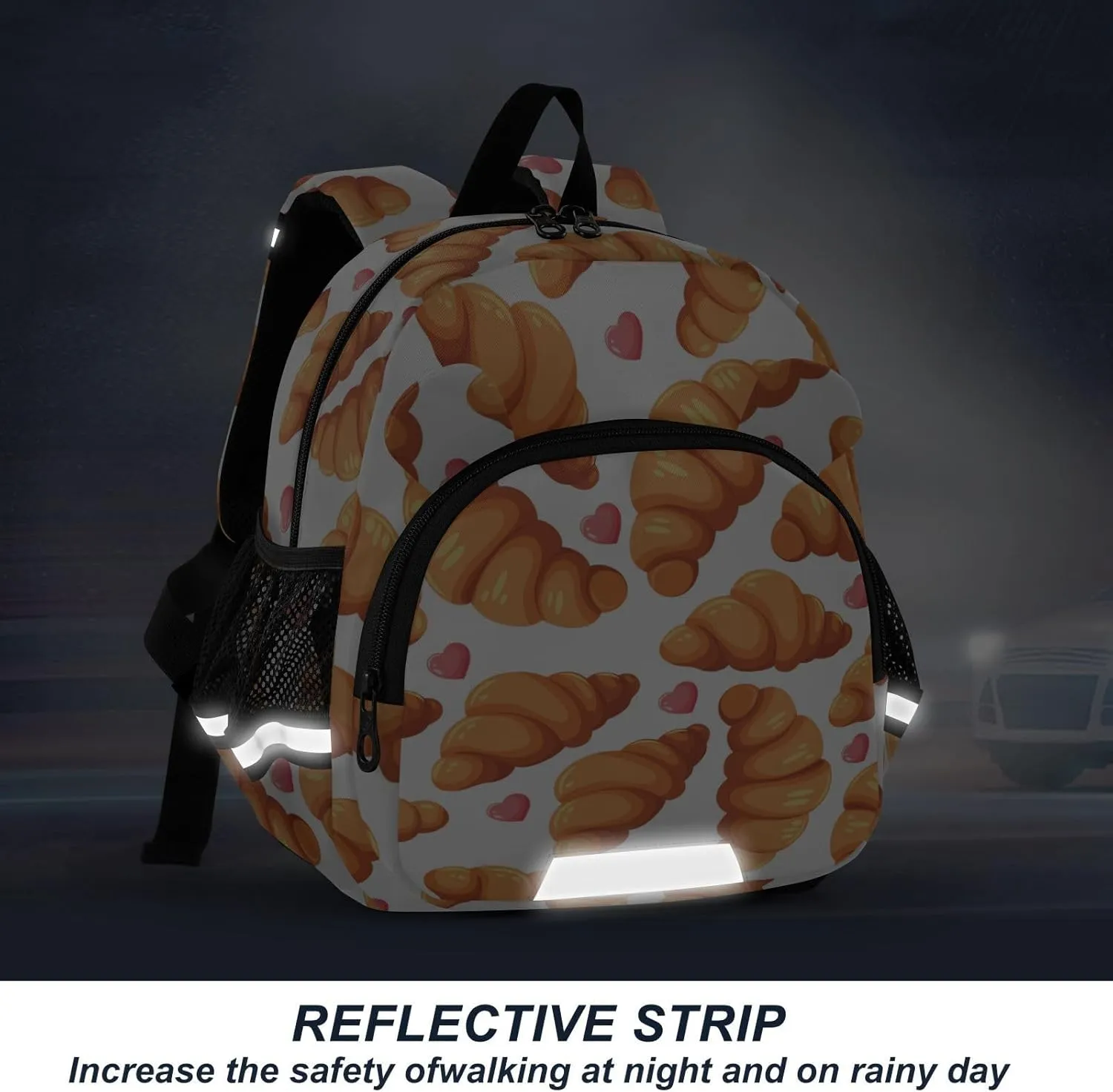 Wusikd Kids Backpack Croissants Crispy Crust Toddler Bags Pink Hearts Schoolbag for Girls Boys Kindergarten Student M