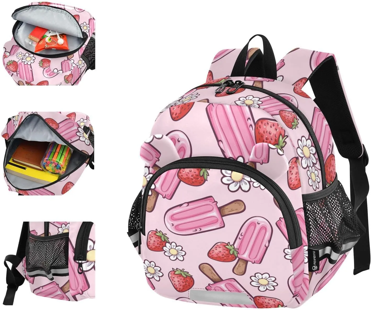 Wusikd Kids Backpack Pink Ice Cream Toddler Bags Flowers Strawberries Schoolbag for Girls Boys Kindergarten Student S